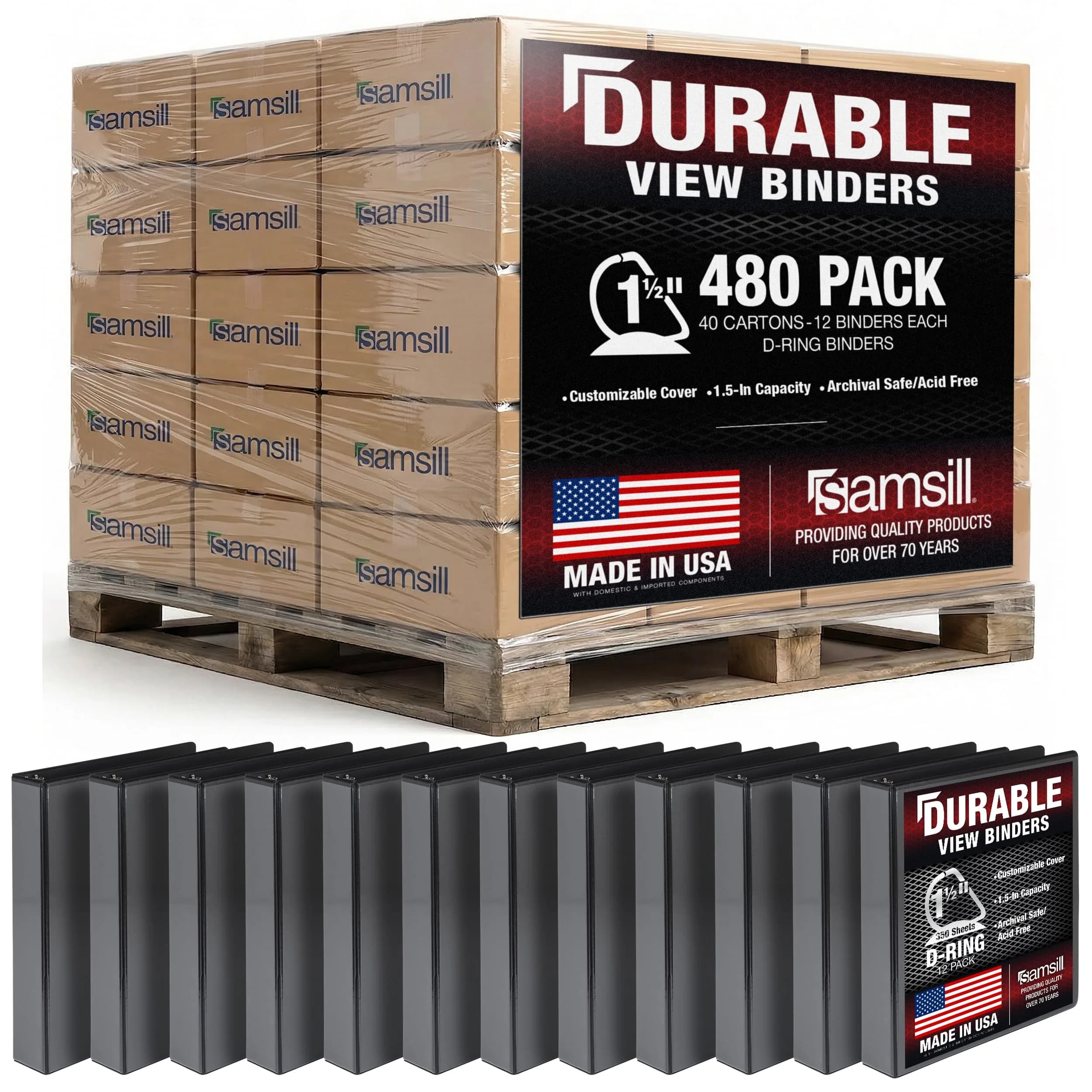 Samsill Durable 3.8cm (1.5 inch) 3 Ring Binder, Black, Pallet of 480 Binders | Recycled Chipboard Office & School Supply - main product image