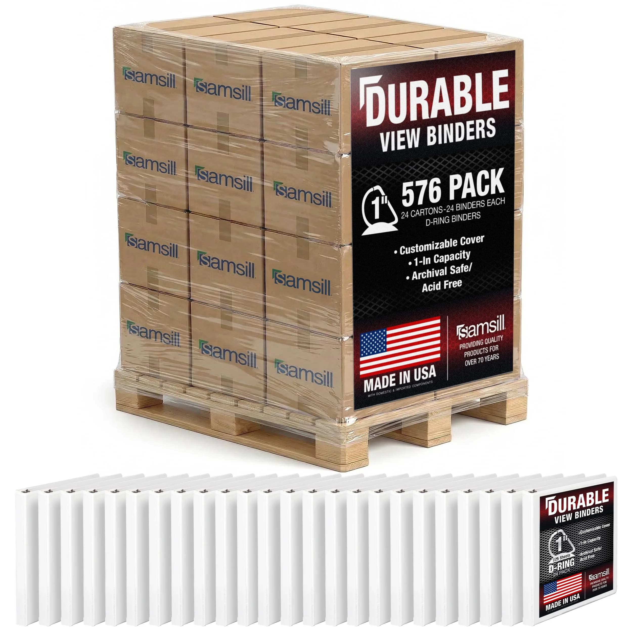 Samsill White 2.5cm (1 Inch) 3-Ring D-Ring Binder (Pallet of 576) | Eco-Friendly Recycled Chipboard - main product image