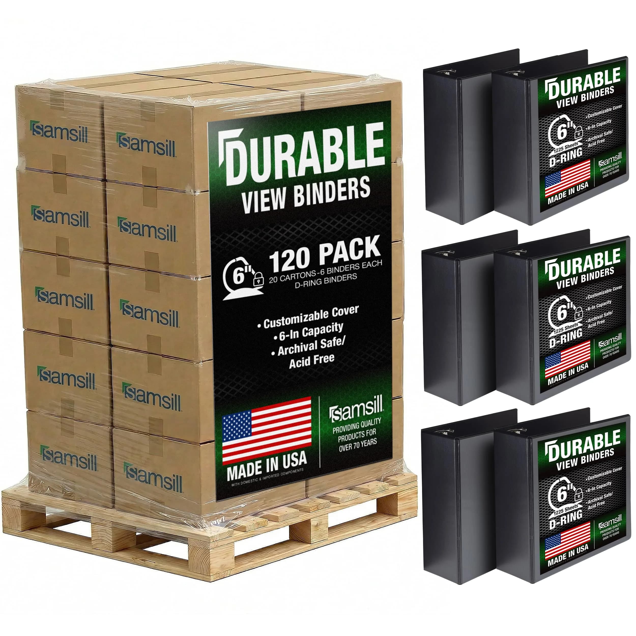 Samsill 15.2cm (6 Inch) 3-Ring D-Ring Binder, Locking, Black, Pallet of 120 | Heavy-Duty Recycled Chipboard - main product image