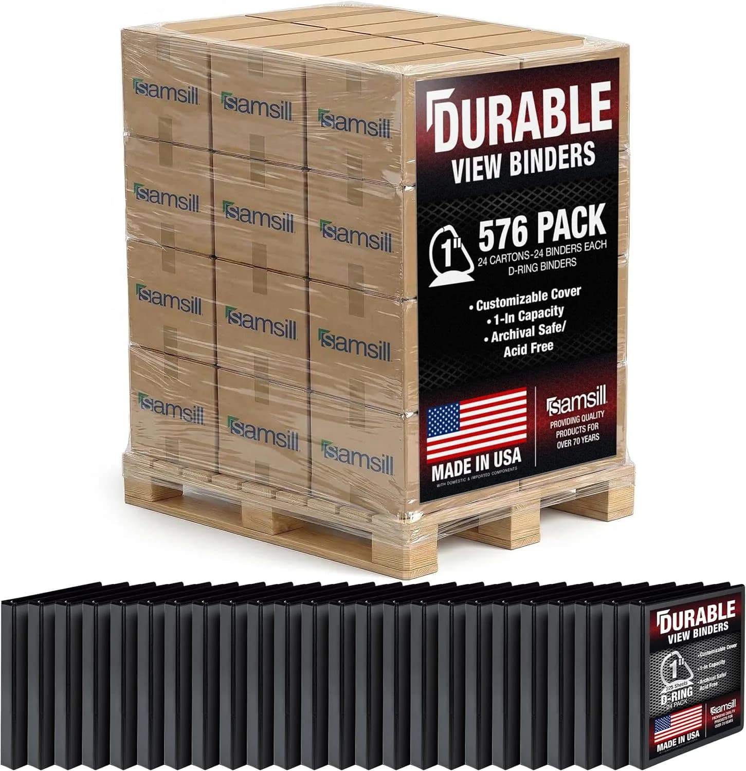 Samsill 2.5cm (1 Inch) 3 Ring D-Ring Binder, Black, Pallet of 576 Binders | Heavy Duty Recycled Chipboard - main product image