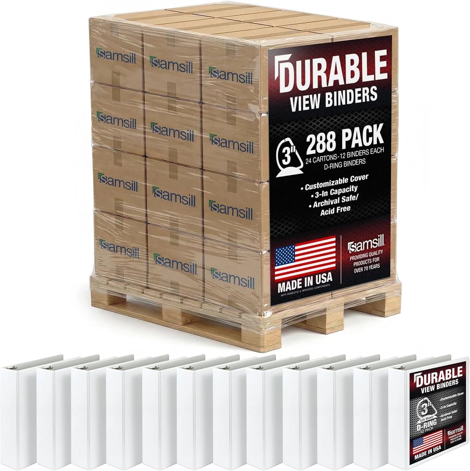 Samsill 7.6cm (3 Inch) 3-Ring D-Ring Binder, White, Pallet of 288 Binders | Recycled Chipboard - main product image