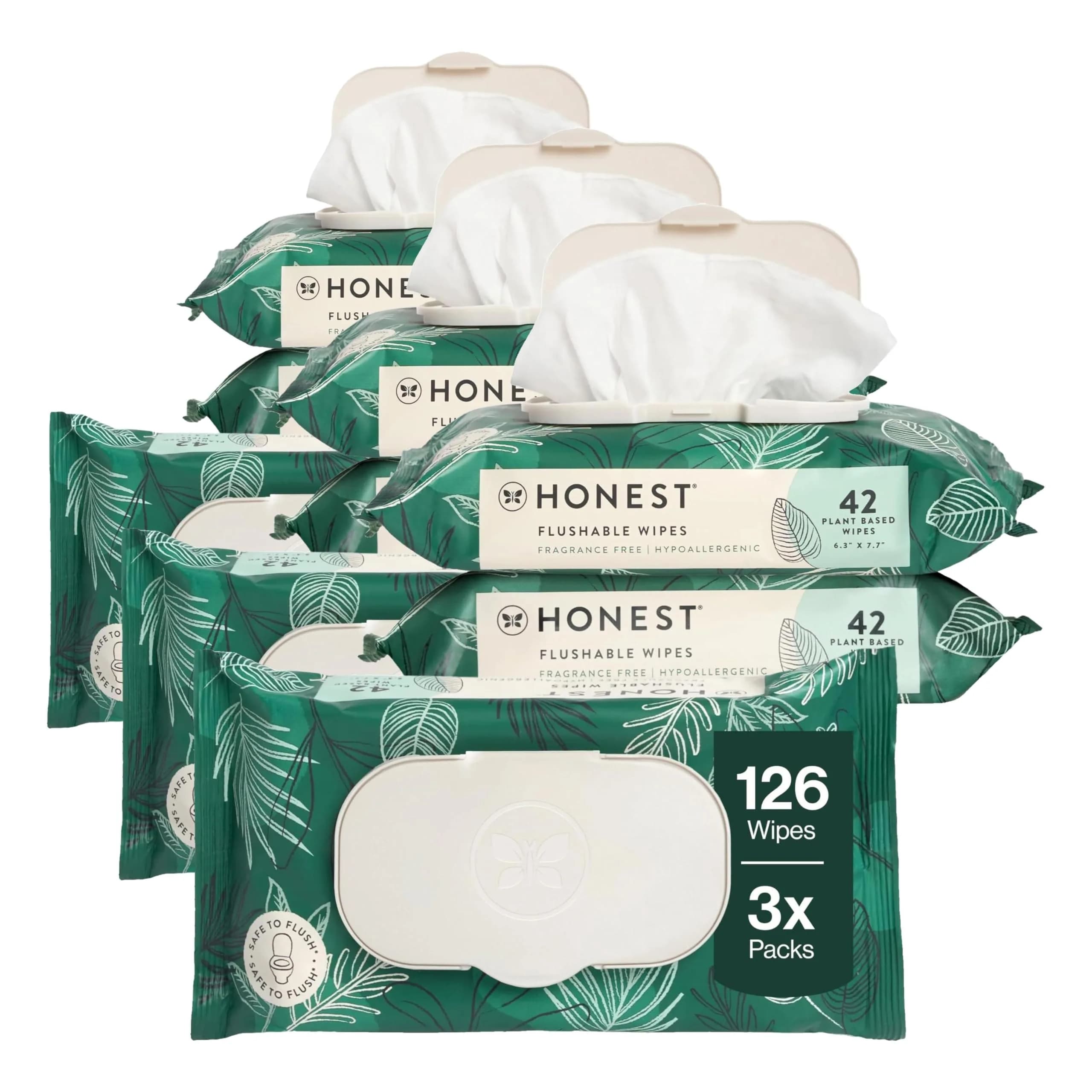 The Honest Company Hypoallergenic Flushable Wipes Tropical Leaves, 126 Count (3 Packs) | EWG Verified & Dermatologist Tested for Sensitive Skin - main product image