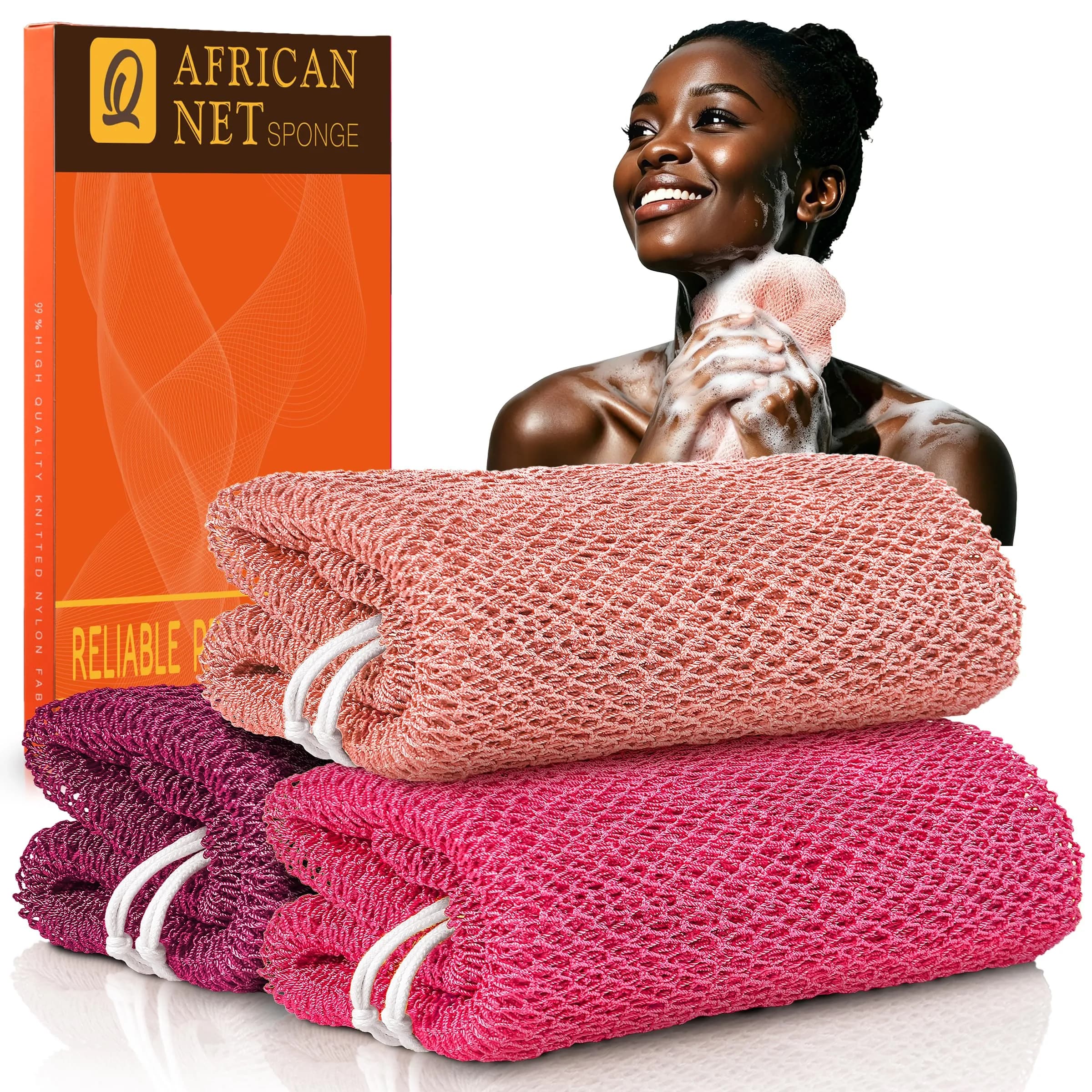 UJFQBH African Net Sponge 3 Pack (Berry Pink) | Deep Cleansing & Gentle Exfoliation for All Skin Types - main product image