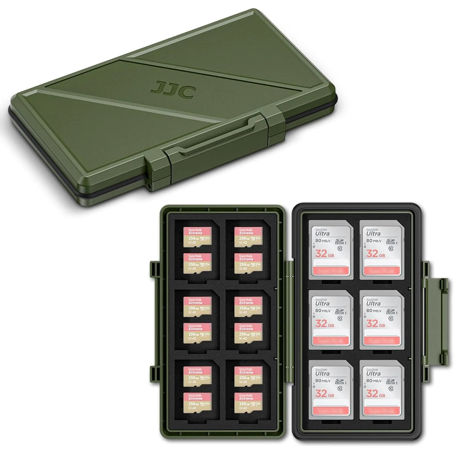 JJC Olive Green 36-Slot Memory Card Case | Water-Resistant & Anti-Shock for 12 SD + 24 Micro SD Cards - main product image