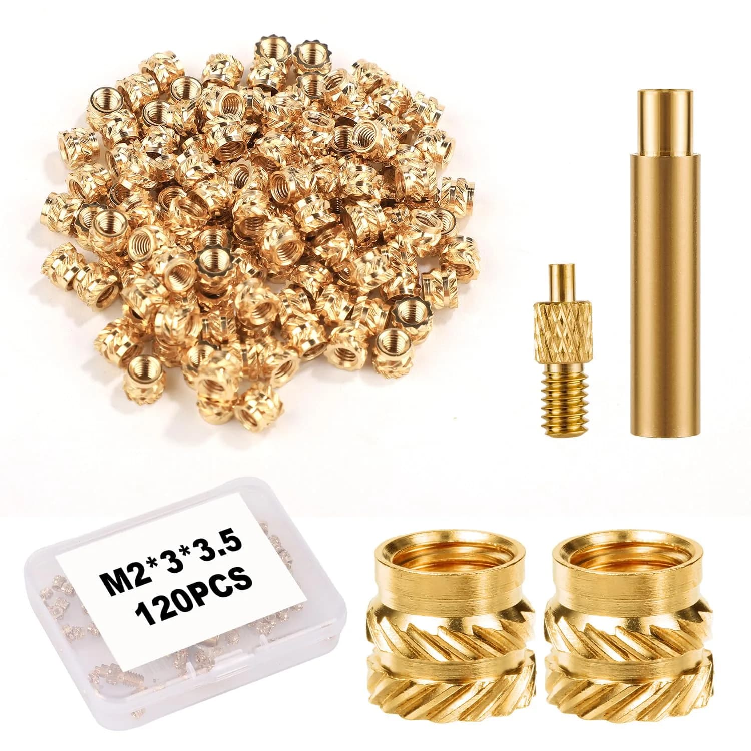 PEUTIER M2x3x3.5mm Brass Heat Set Threaded Inserts (120 pcs) | 3D Printing Accessories - main product image