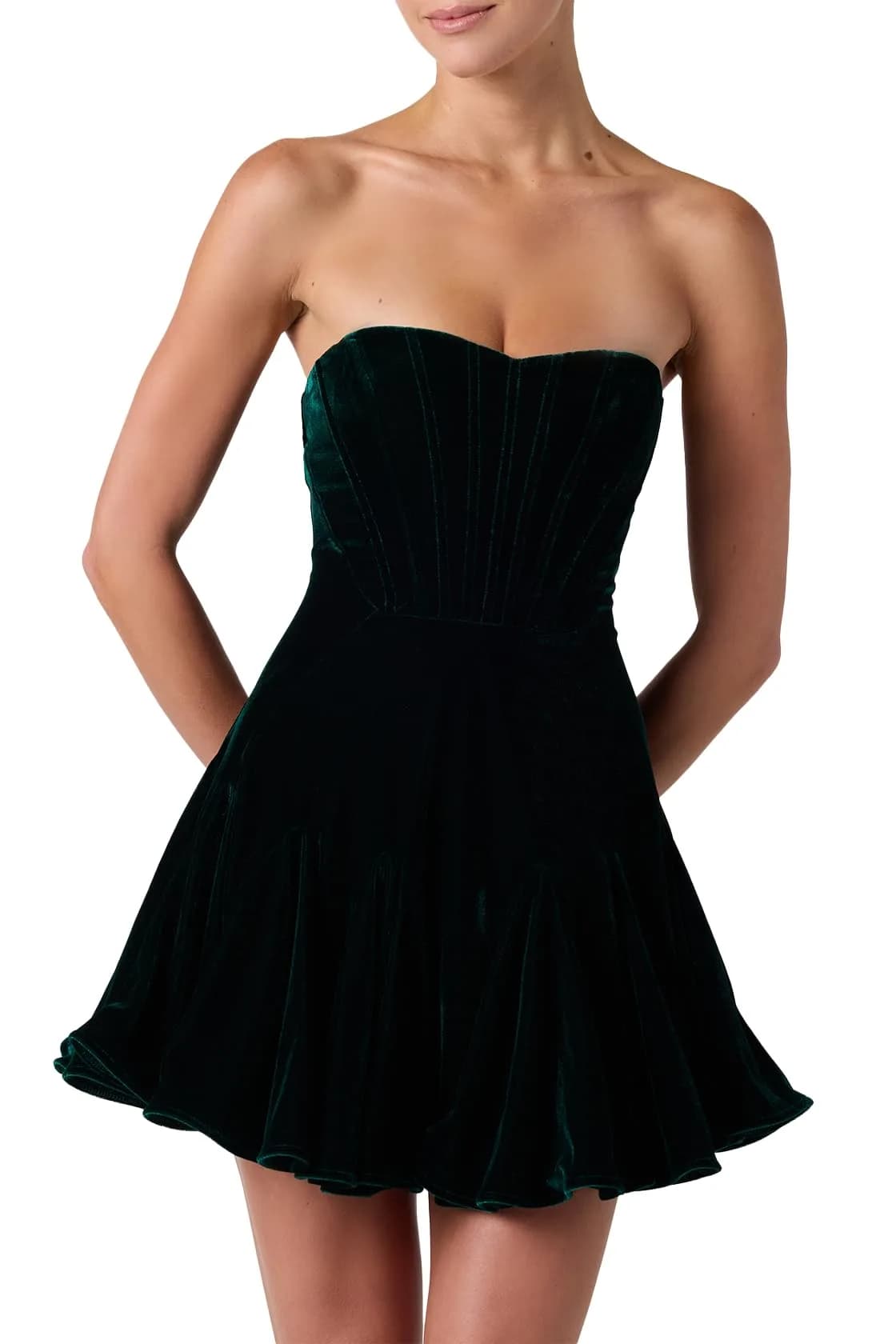 Lulus Zarae Corset Velvet Flounce Women’s Strapless Cocktail Dress Emerald | Flirty Velvet Mini for Parties