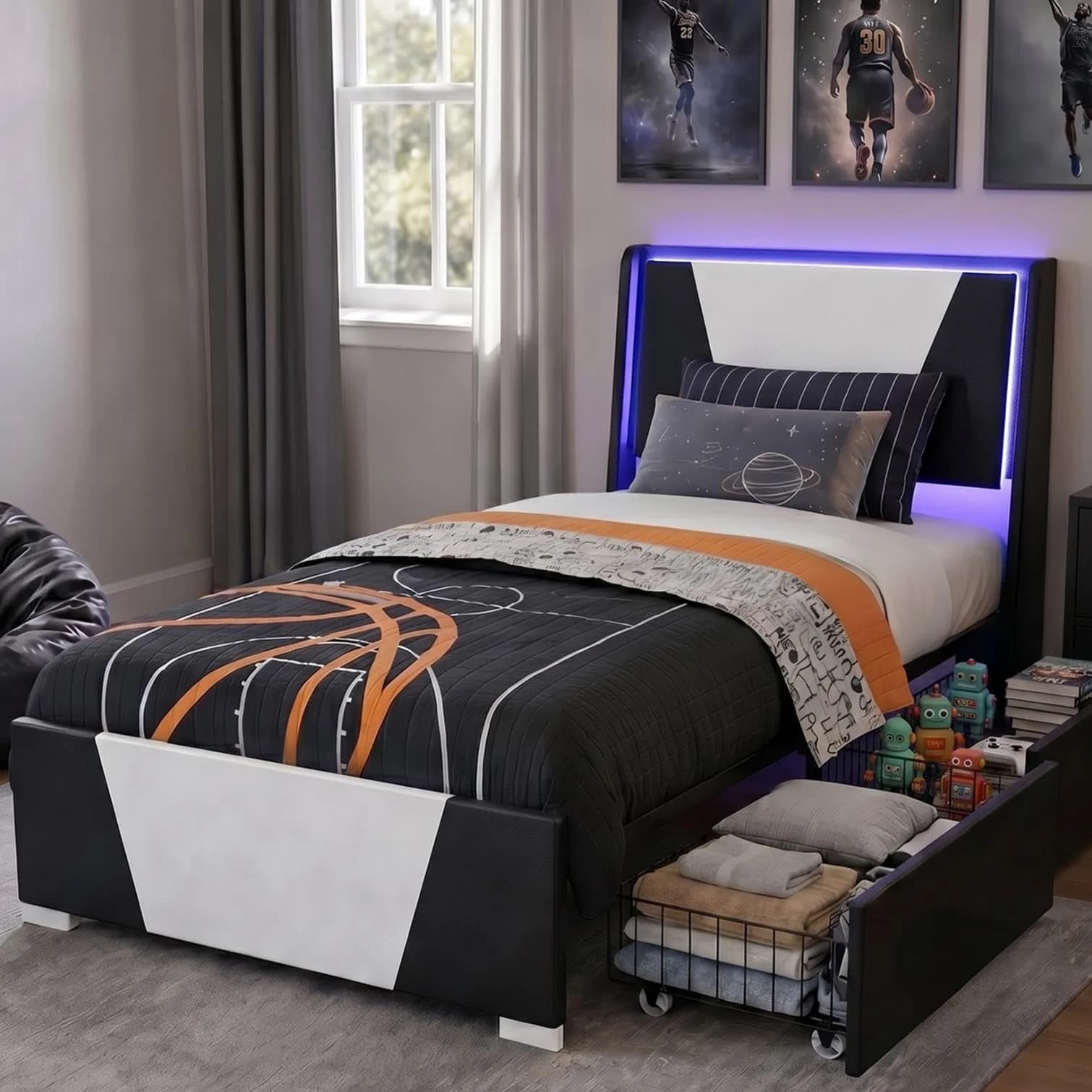 Welzona Twin Bed Frame Upholstered Headboard Led Lights Storage Drawers | Modern Gaming Style - main product image