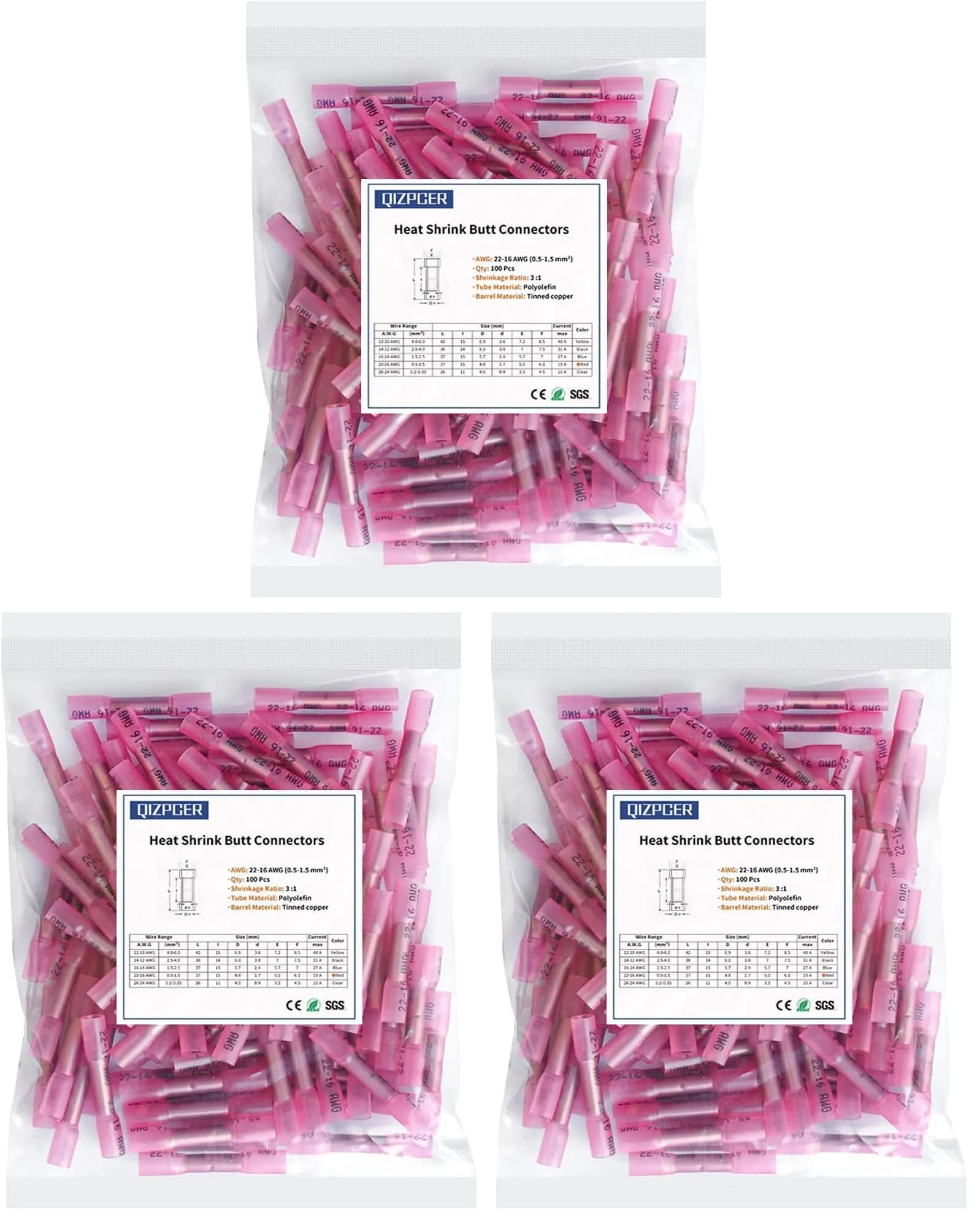 Qizpcer Red Heat Shrink Butt Connectors 22-16 AWG (300 Pcs Total) | Waterproof Marine Grade Electrical Splice - main product image