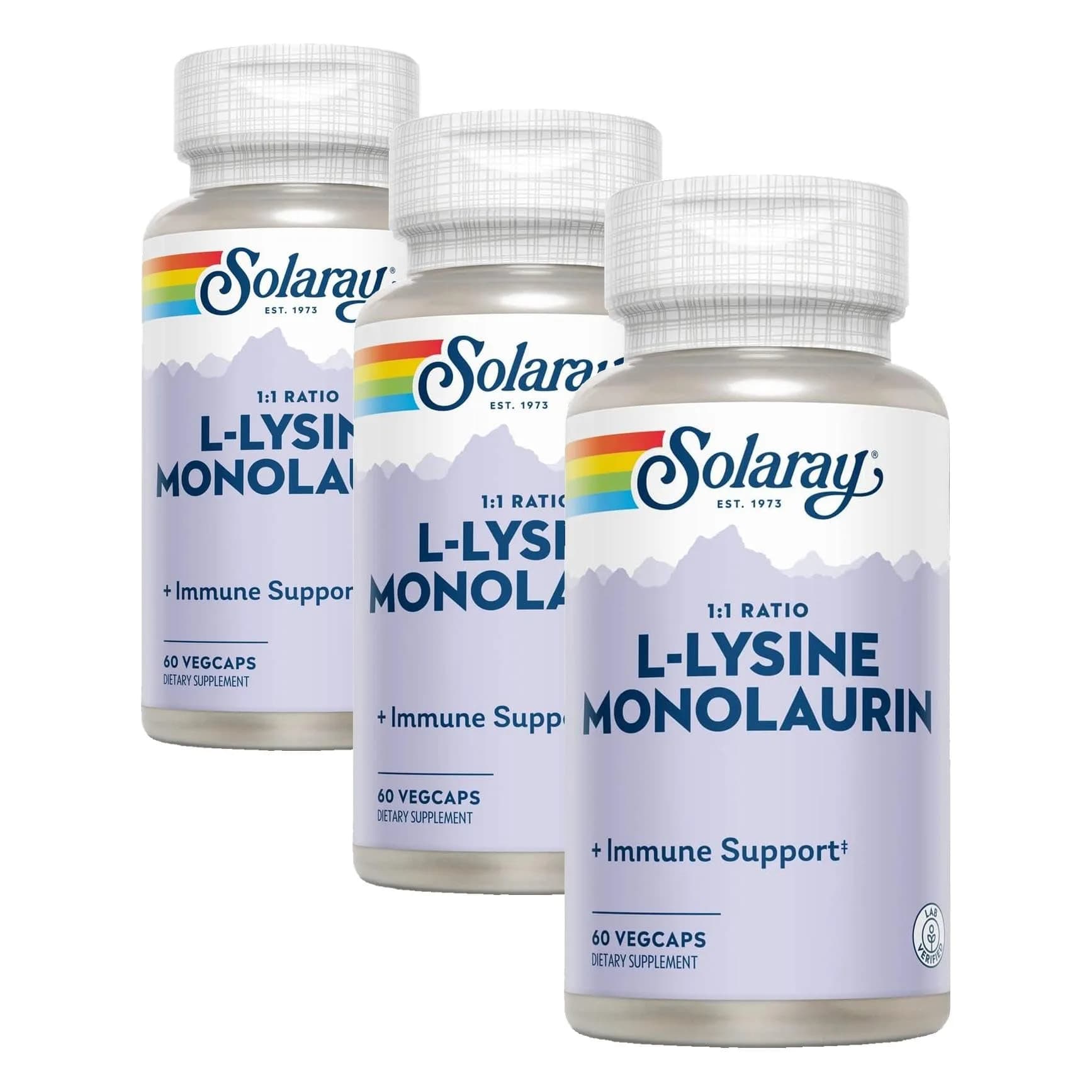 SOLARAY L-Lysine Monolaurin Immune Support Supplement 500 mg Each, 180 VegCaps (Pack of 3) | Immune System Support - main product image