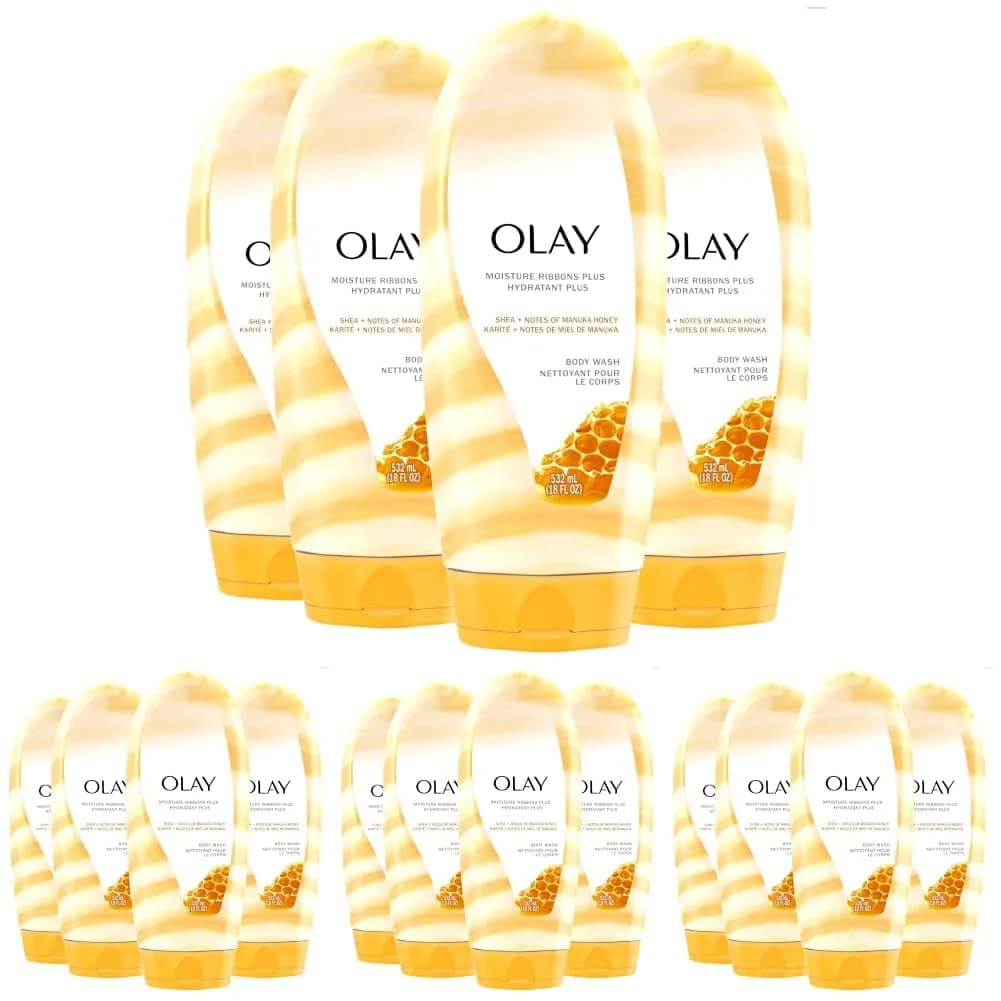 Olay Body Wash for Women, Shea Butter & Manuka Honey, Moisture Ribbons Plus, Deep Conditioning, Long Lasting Soft Skin, 18 Fl Oz (Pack of 16) - main product image
