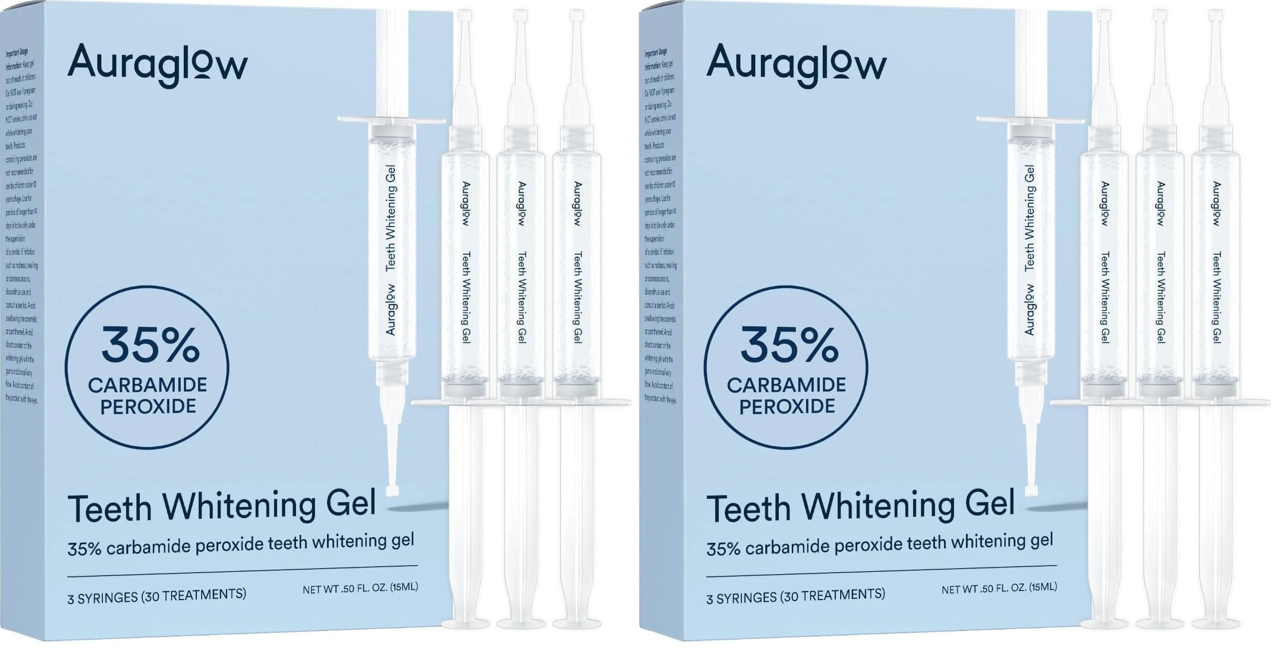 AURAGLOW 35% Teeth Whitening Gel for Trays, Retainers & Aligners – Dentist Strength Carbamide Peroxide Whitener, 30 Treatments, 10mL (0.338 Fl Oz) (Pack of 2) - main product image