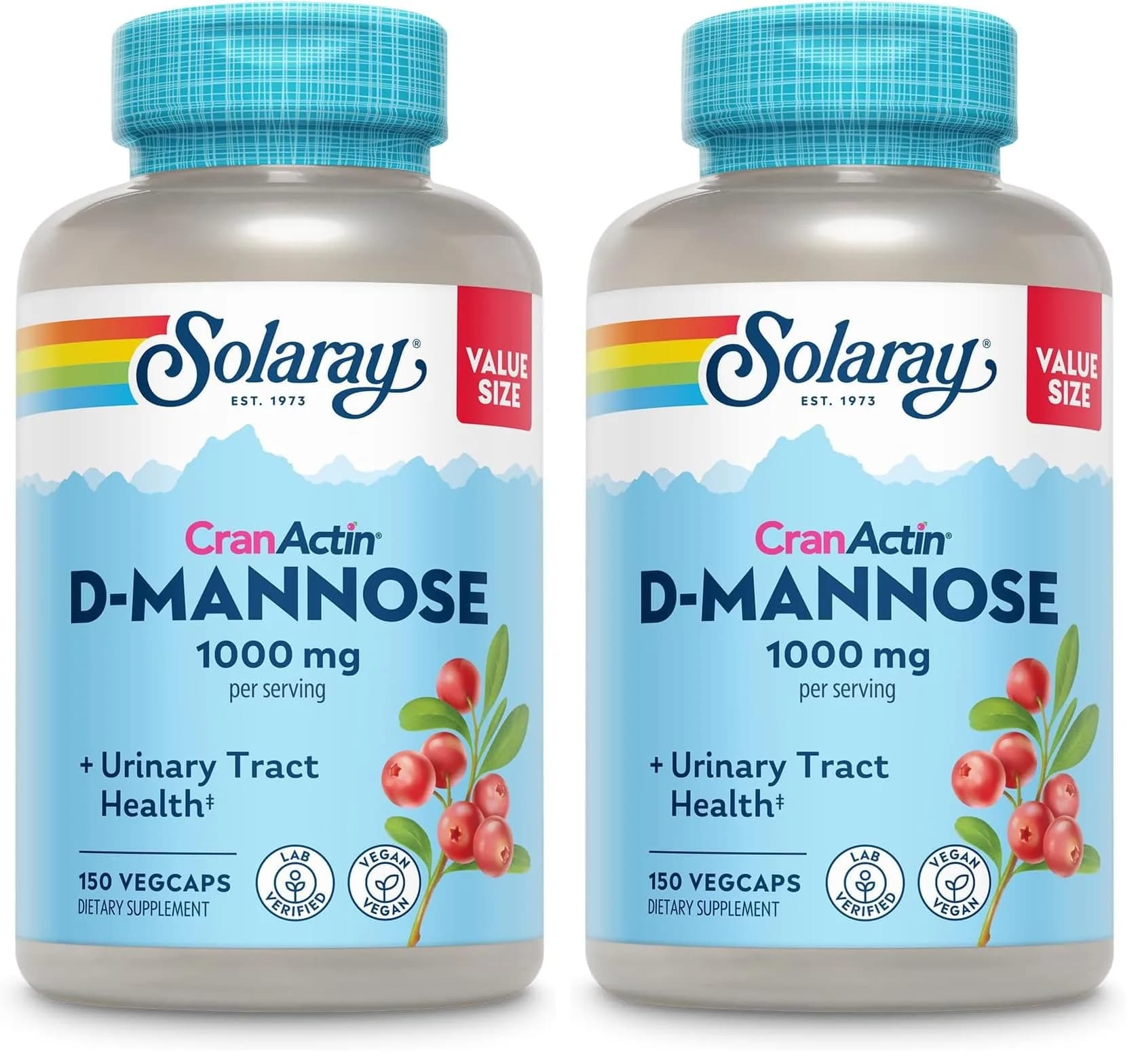 SOLARAY D-Mannose with CranActin Cranberry Supplement 400mg 150ct Pack of 2 | Urinary Tract Support with Vitamin C