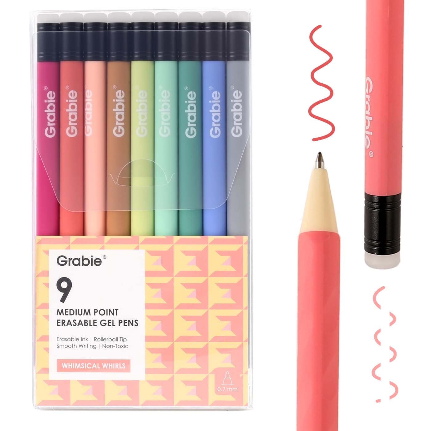 Grabie Erasable Gel Pens Medium Point 0.7 mm Whimsical Whirls Assorted Colors (Pack of 9) | Smooth Writing & Mistake Correction - main product image