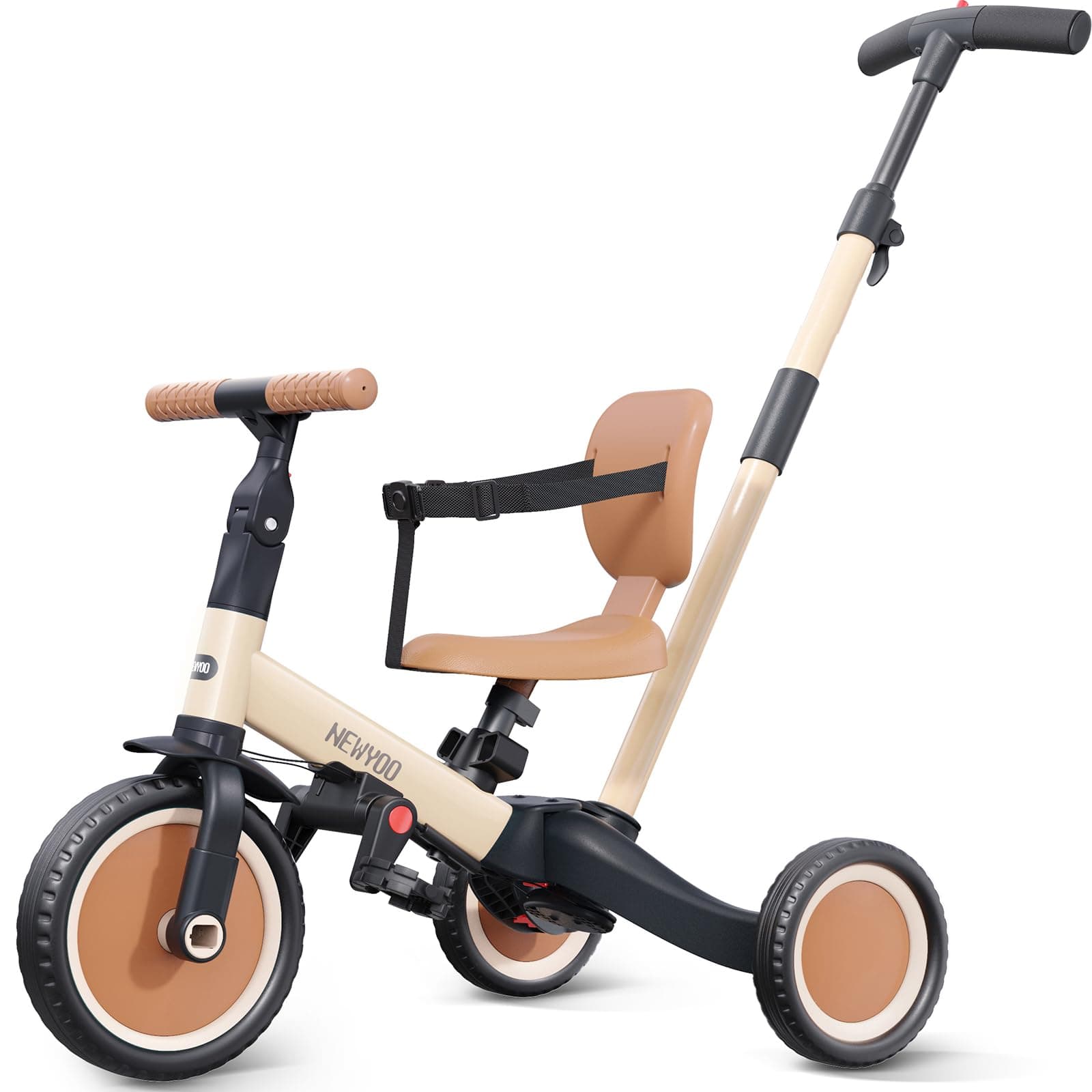 newyoo 5-in-1 Toddler Tricycle with Push Handle, Balance Bike, Khaki TR007 | ASTM Approved Ride-On Toy for Kids 1-3 Years - main product image