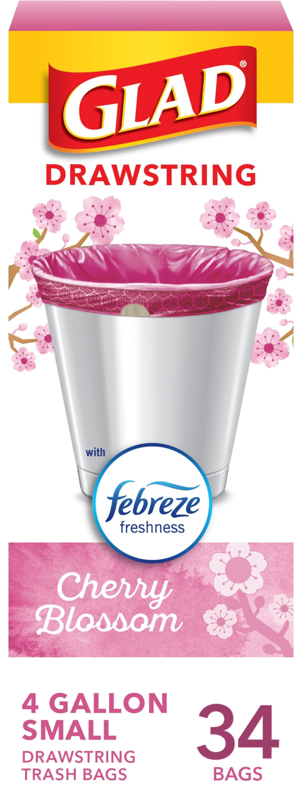 Glad Small Trash Bags 4 Gallon, Febreze Cherry Blossom Scented Drawstring Bags | Odor Resistant with Drawstring - main product image