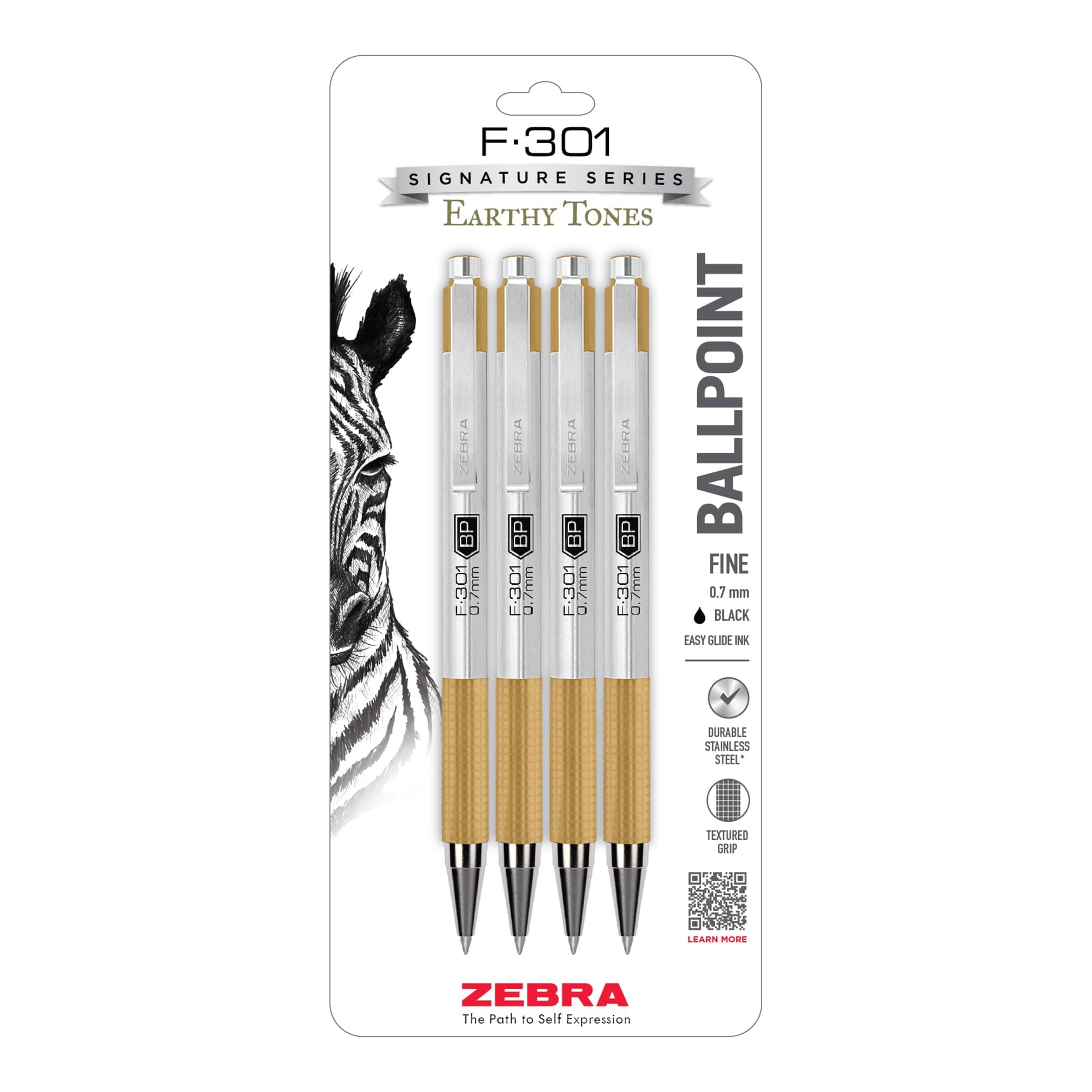 Zebra Pen F-301 Signature Series Retractable Ballpoint Pen, 0.7mm Black Ink, Stainless-Steel Barrel, 4-Pack - main product image