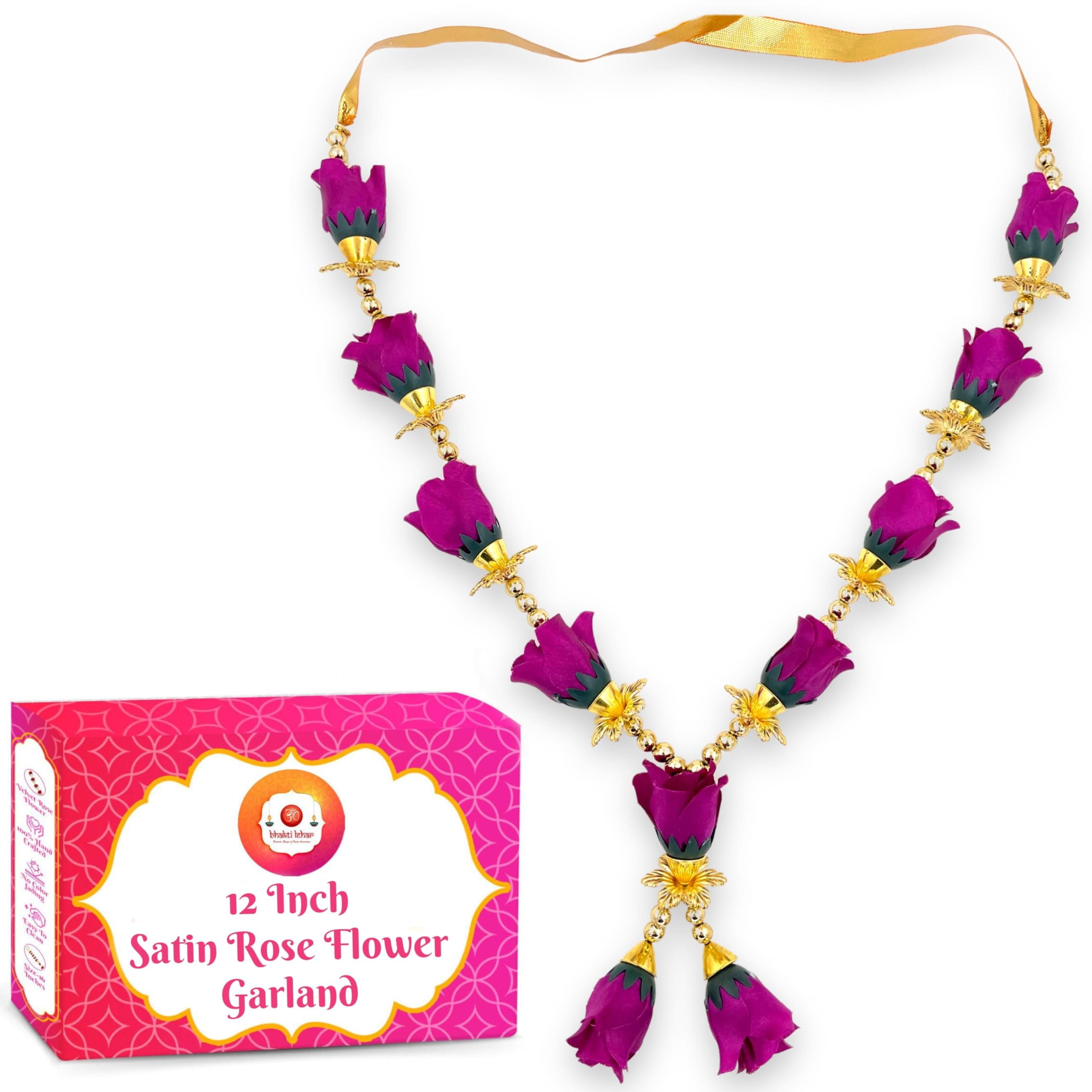 Bhakti Lehar - Premium Range Of Pooja Accessories Purple Garland 12 Inch | Handmade Artificial Rose & Pearl Mala for God Idols & Photo Frames