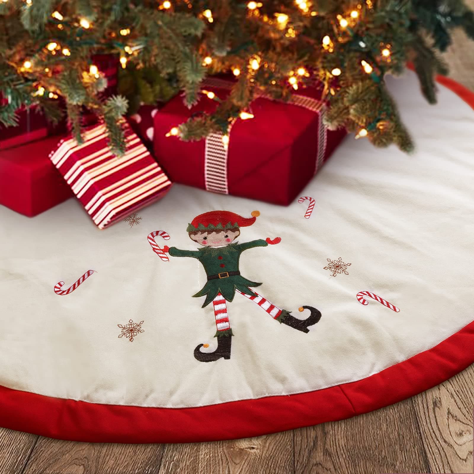 Zpiio Tree Skirt 48 inch | Rustic Embroidered Elf Design, Soft Padding, Large Size for Christmas Tree - main product image