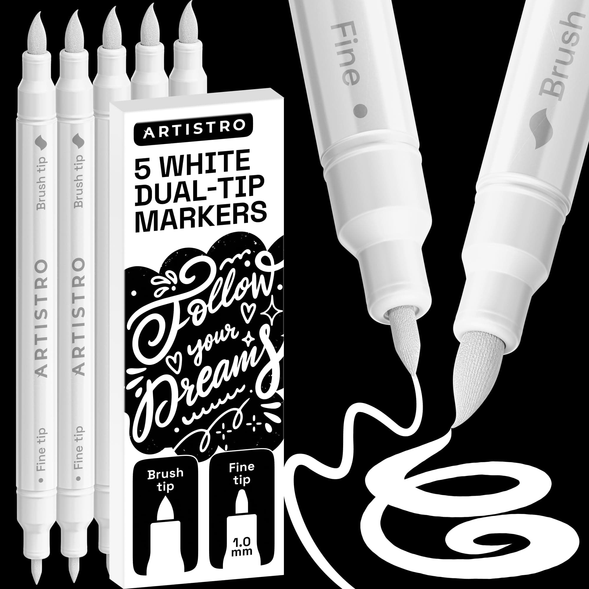 ARTISTRO White Acrylic Paint Markers Dual Tip (5-Pack) | Non-Toxic Art Supplies for India - main product image