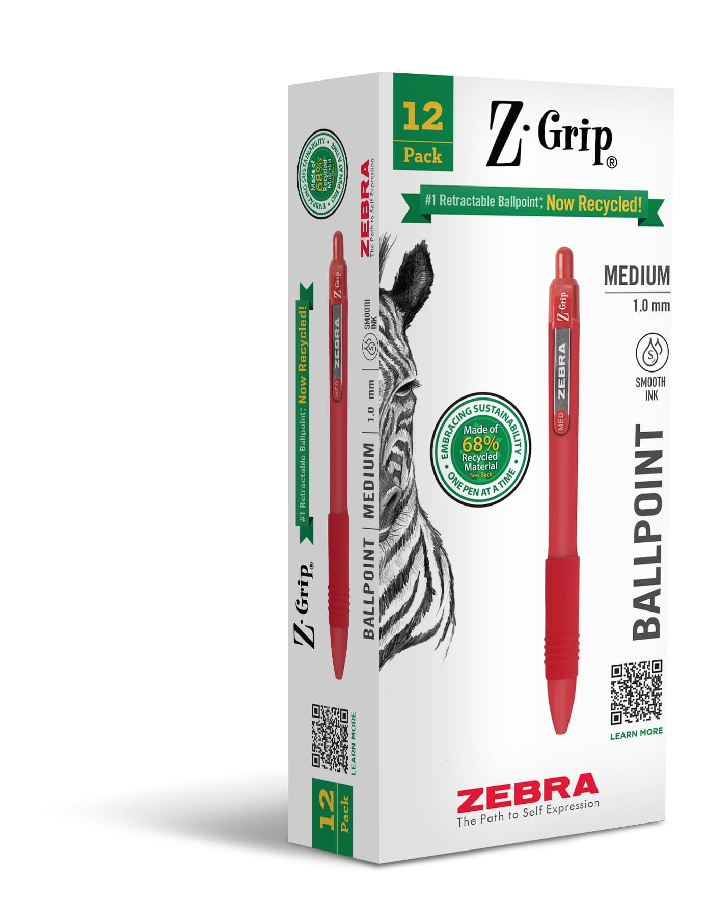 Zebra Pen Z-Grip Recycled Retractable Ballpoint Pens, 1.0mm Tip, Red Ink, 12-Pack | Smooth Writing for Office & School - main product image