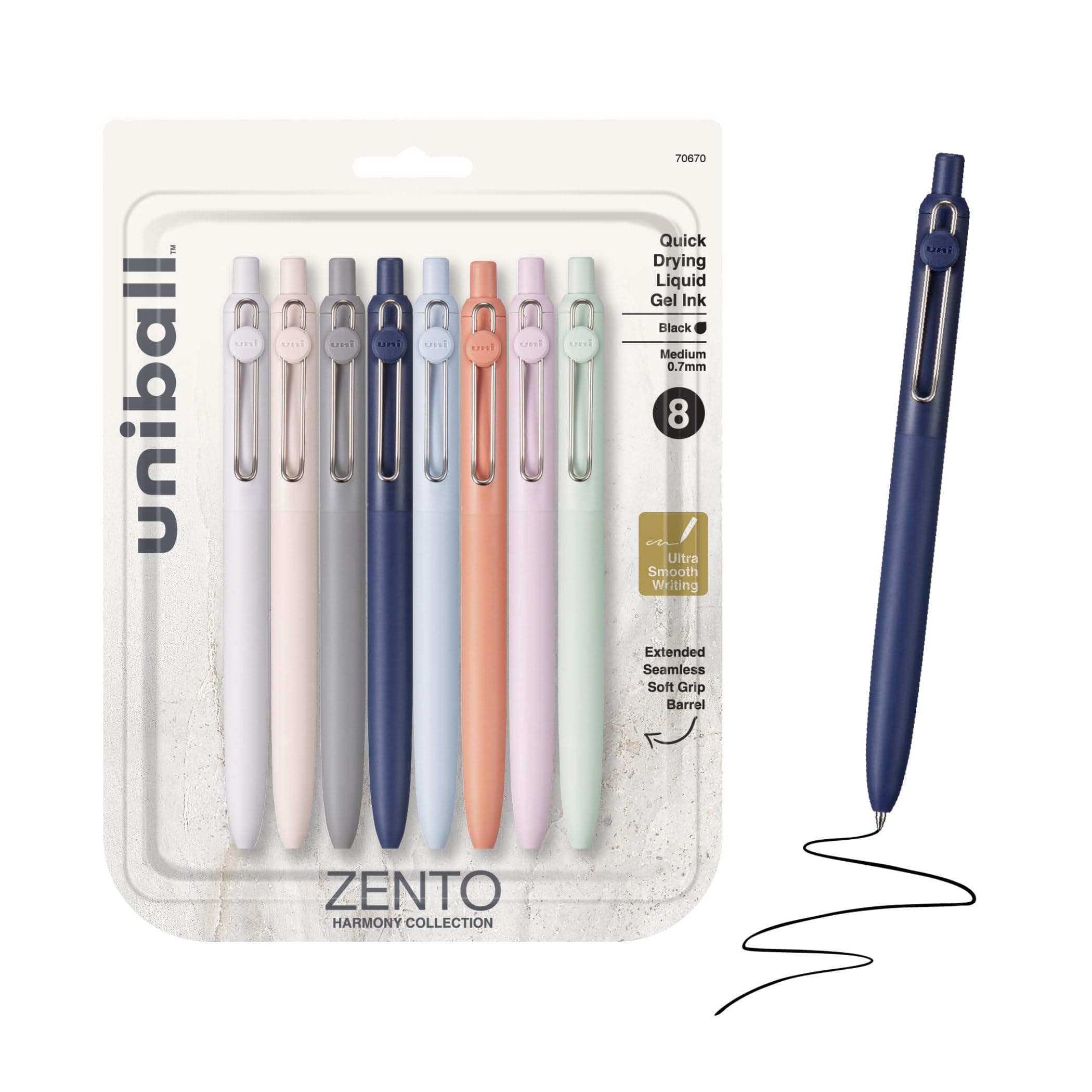 Uni-Ball Zento Gel Pens, 0.7mm Medium Point, Black Ink, 8 Count, Harmony Barrel Colors - main product image