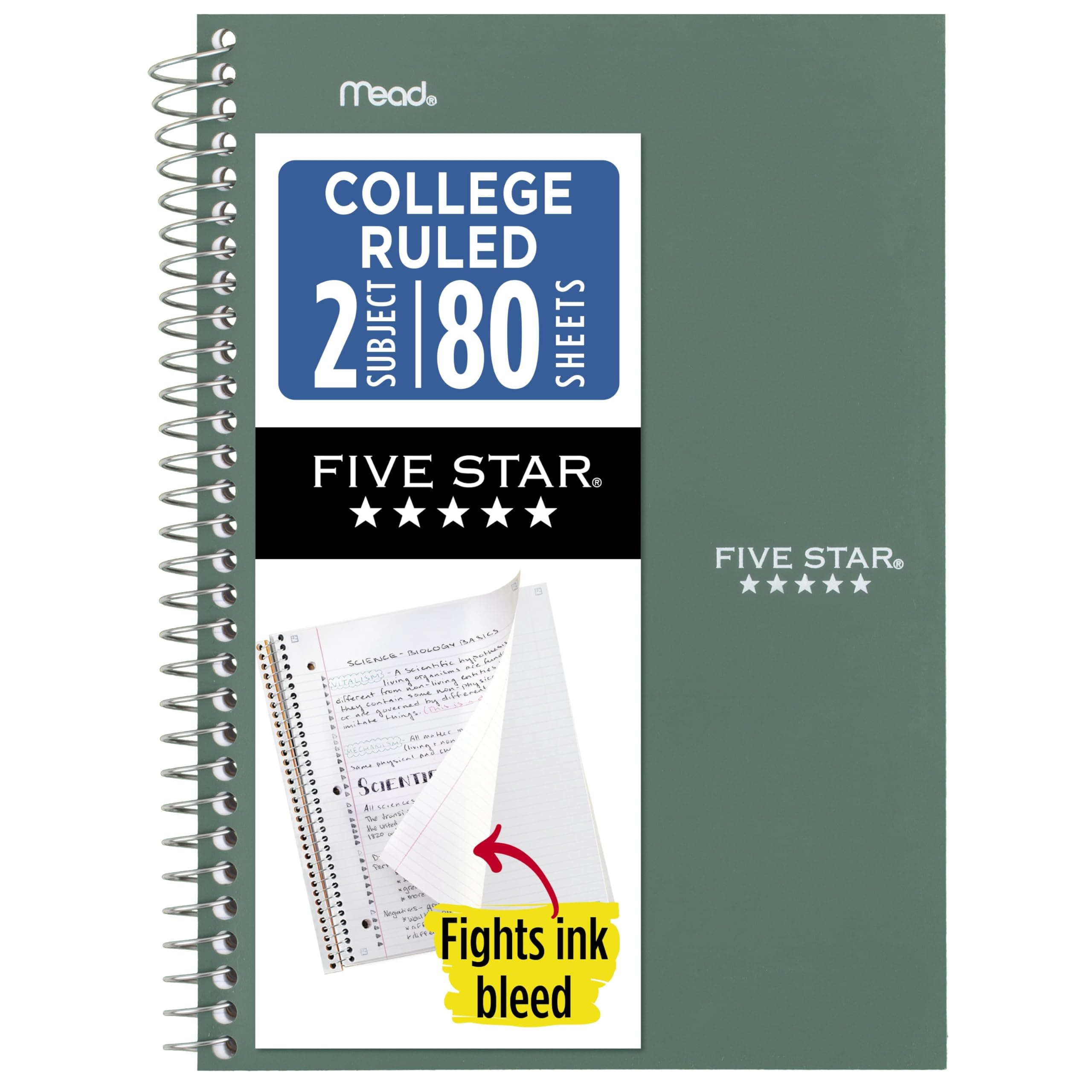 Five Star Spiral Notebook, 2 Subject, College Ruled, 6" x 9-1/2", 80 Sheets, Seaglass Green | Durable & Water-Resistant Notebook for Students - main product image