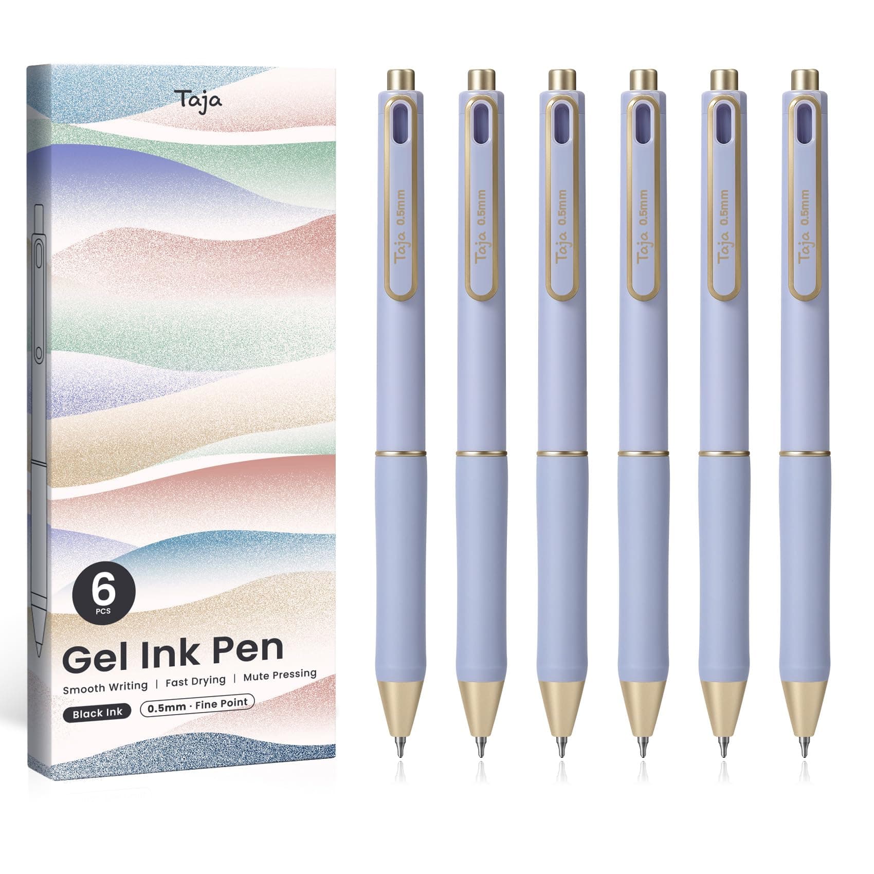 Taja Gel Pens, 6 Pcs Black Ink Rollerball Pens, 0.5mm Fine Point | Smooth Writing for Journaling - main product image