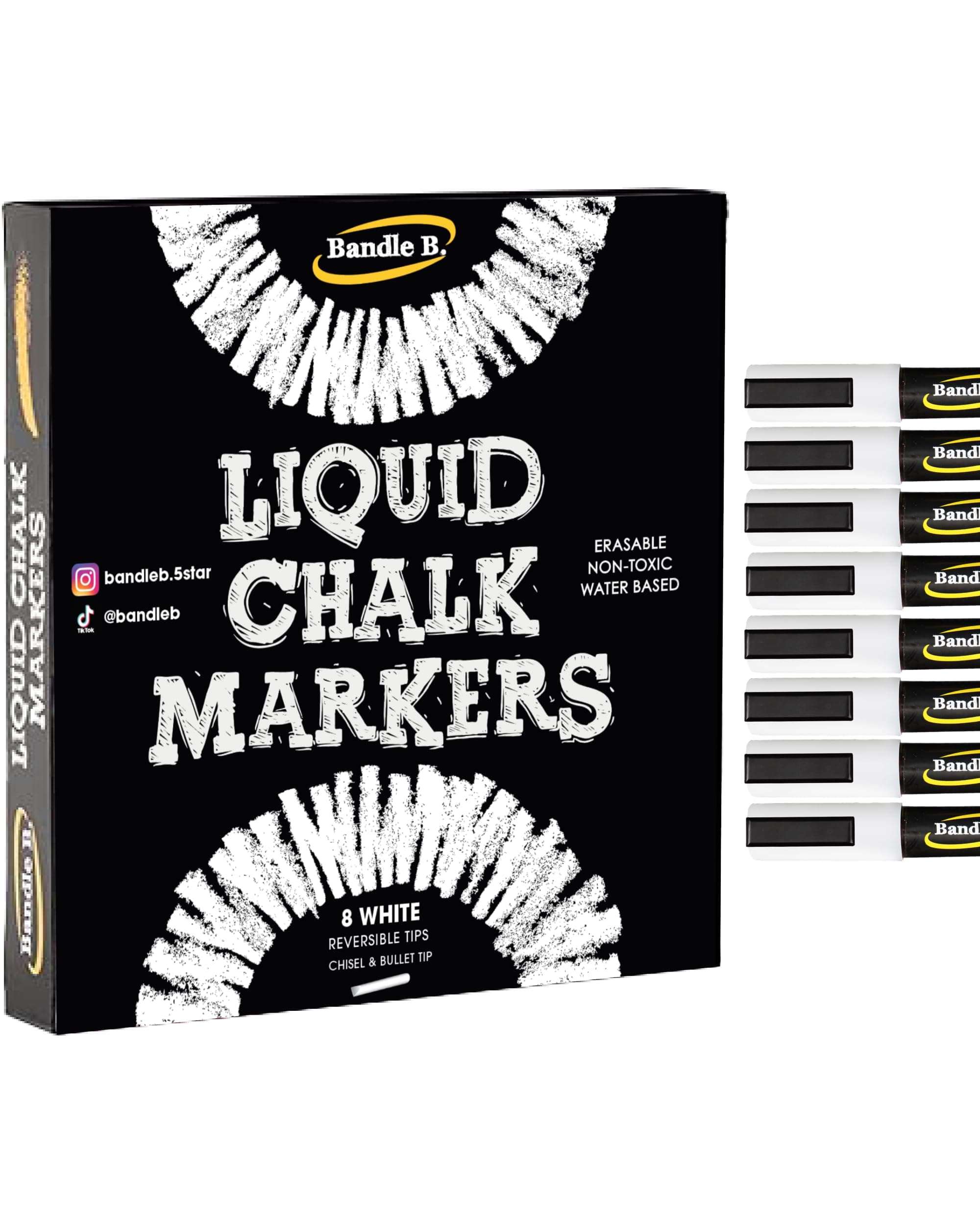 Bandle B. White Liquid Chalk Markers, 6mm Reversible Tip, Pack of 8 | Non-Toxic & Erasable for Glass & Boards - main product image