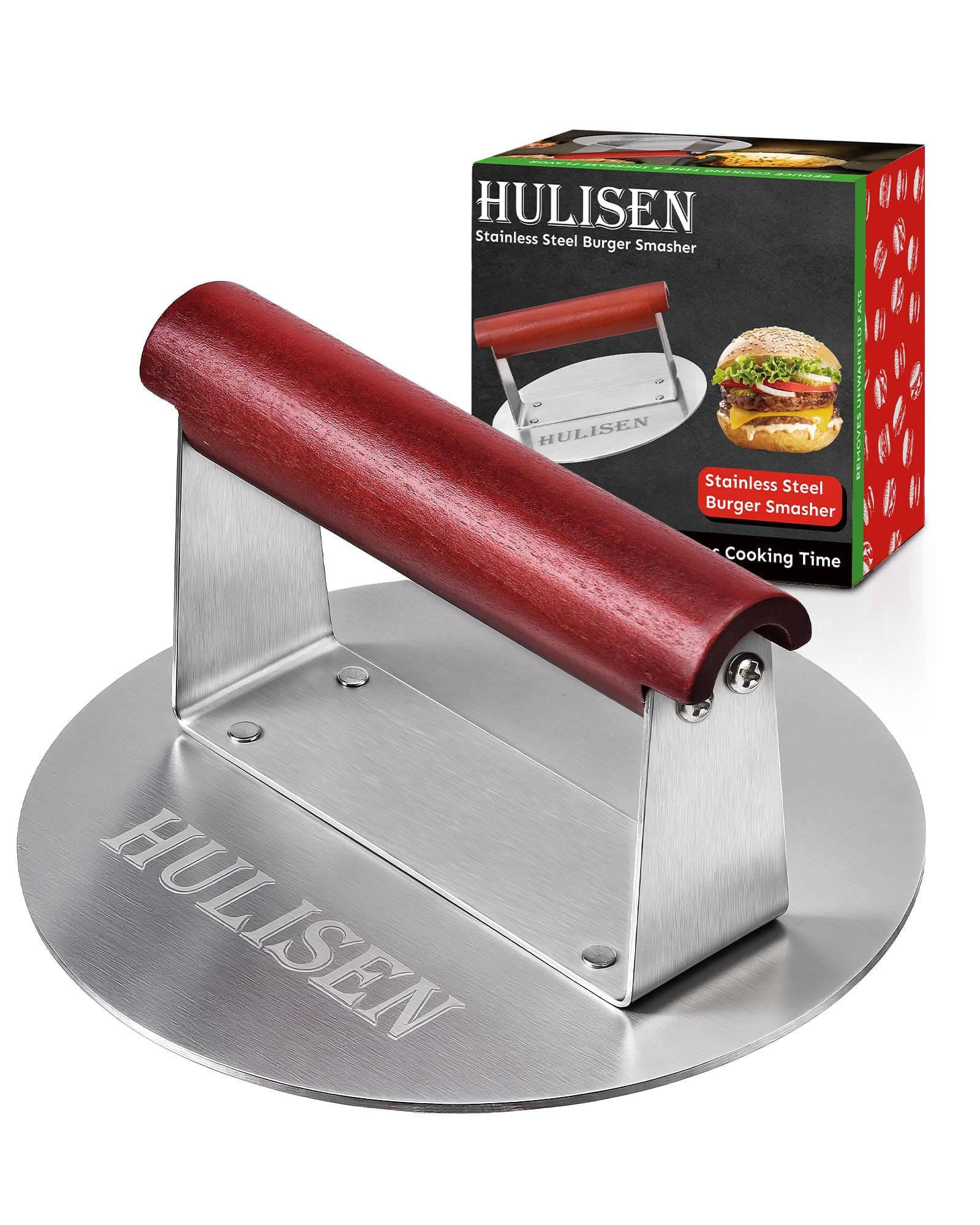 HULISEN Stainless Steel Burger Press 6.2-Inch Round | Effortless Crispy Patties with Wooden Handle