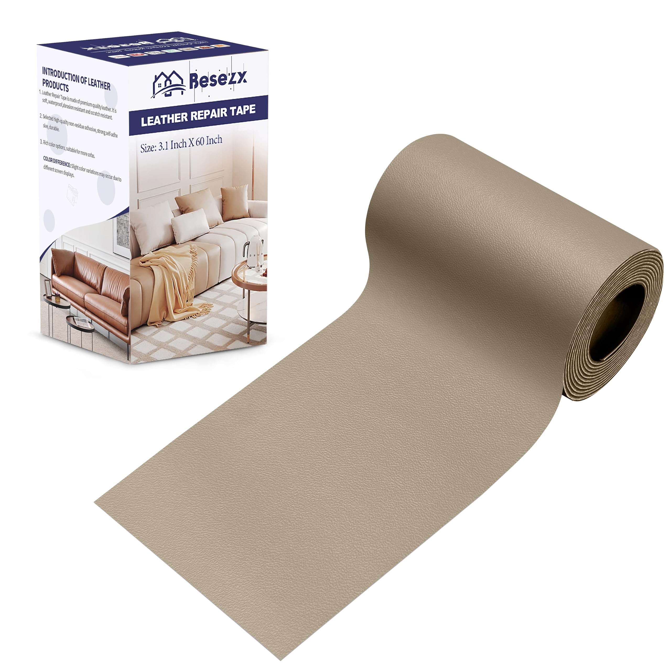 Besezx Leather Repair Patch Tape Kit Gray Khaki 3.1in x 60in | Self-Adhesive for Furniture & Car Seats - main product image