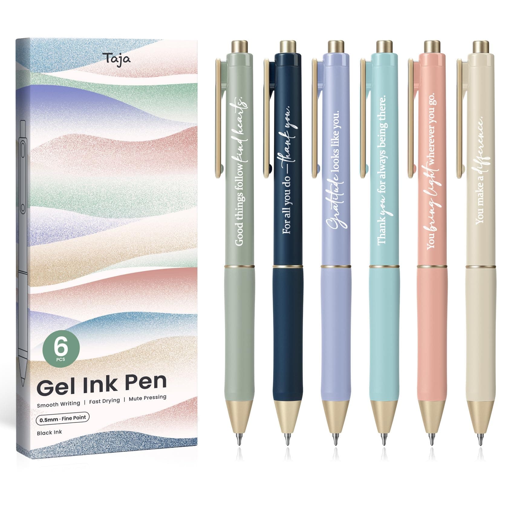 Taja Gel Pens, 6 Pcs Black Ink Rollerball Pens, 0.5mm Fine Point | Smooth Writing for Journaling - main product image