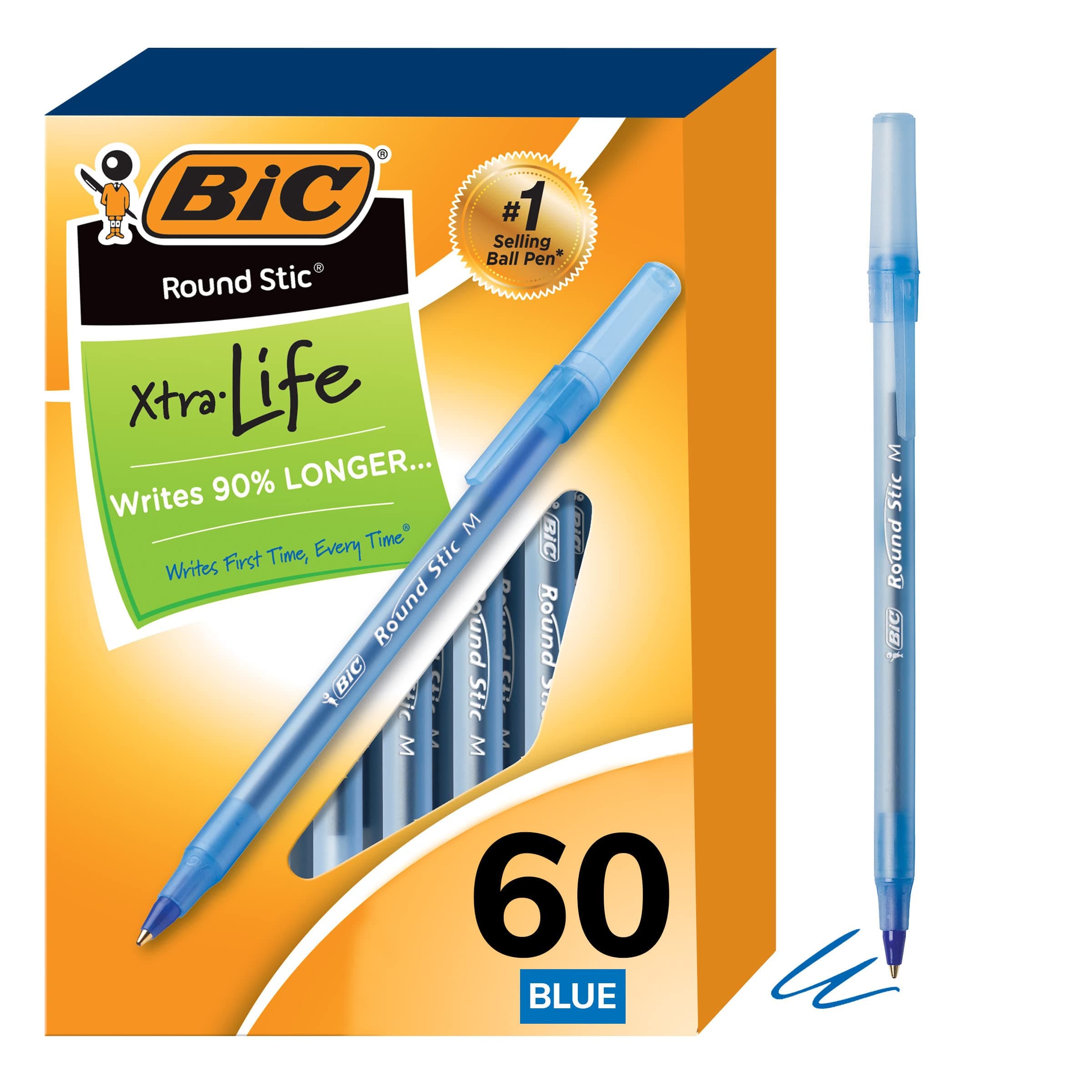 BIC Round Stic Xtra Life Ballpoint Pens, Medium Point (1.0mm), Blue, Pack of 60 (540 Count Total) | Smooth Ink Flow for Students & Office - main product image