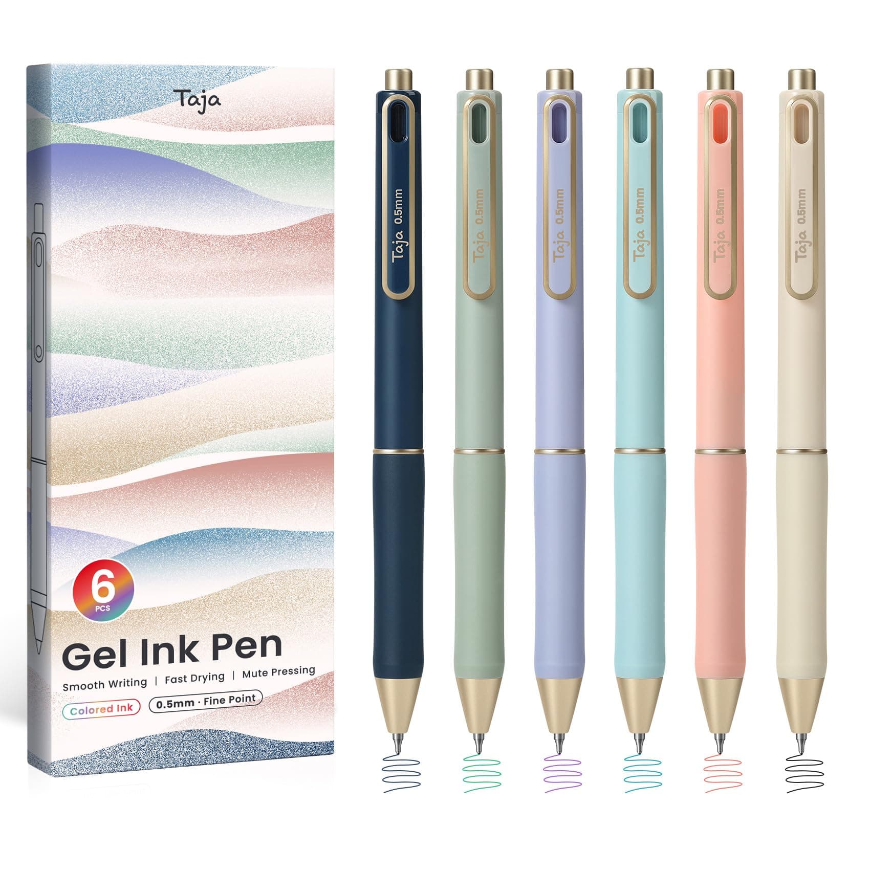 Taja Colorful Gel Pens, 0.5mm Fine Point Pastel Ink, 6 Pcs | Smooth Writing for Journaling & Notes - main product image