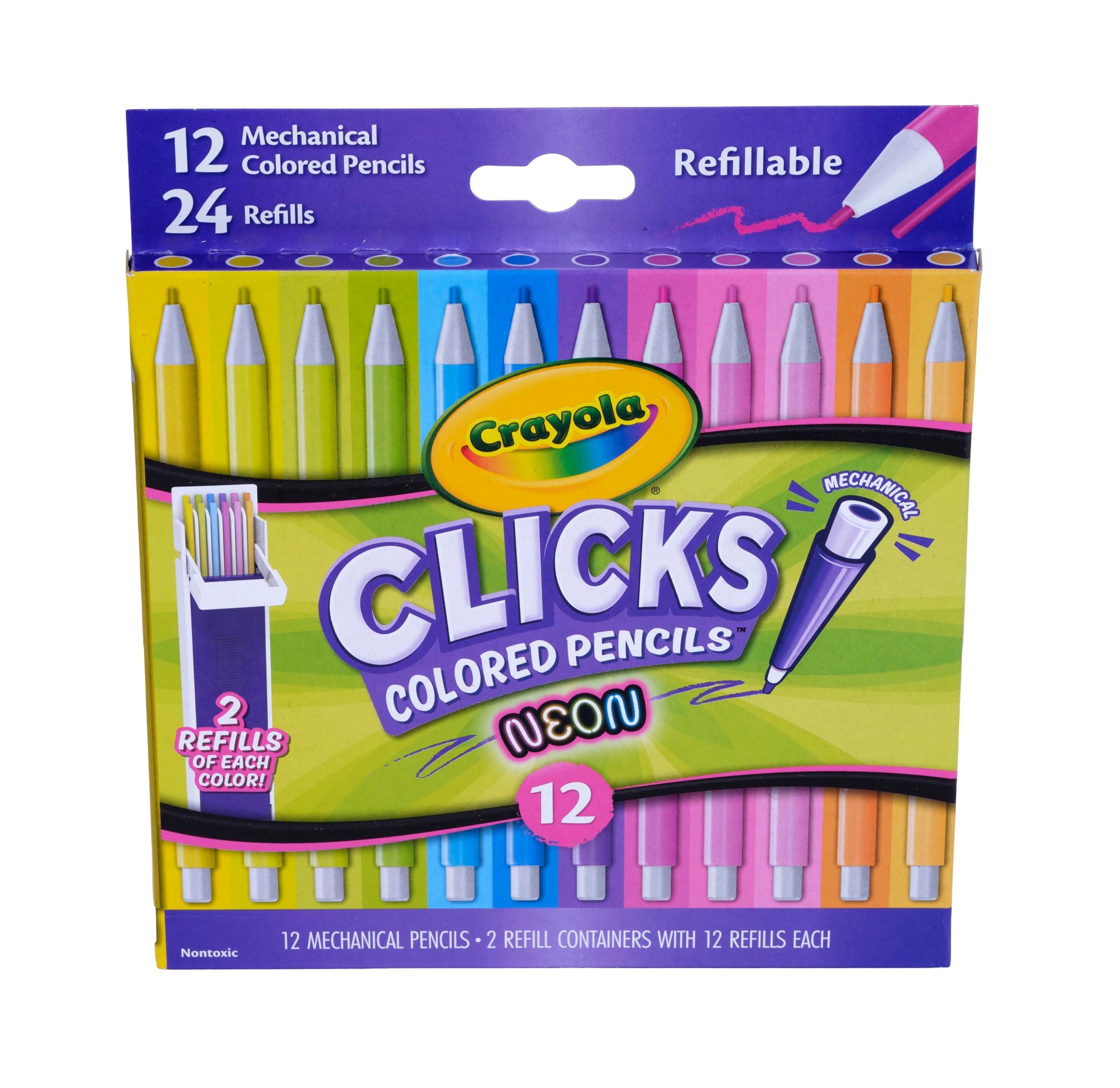 Crayola Clicks 2.0mm Mechanical Colored Pencil Set, 12 Neon Colors, 24 Replacement Cores - main product image