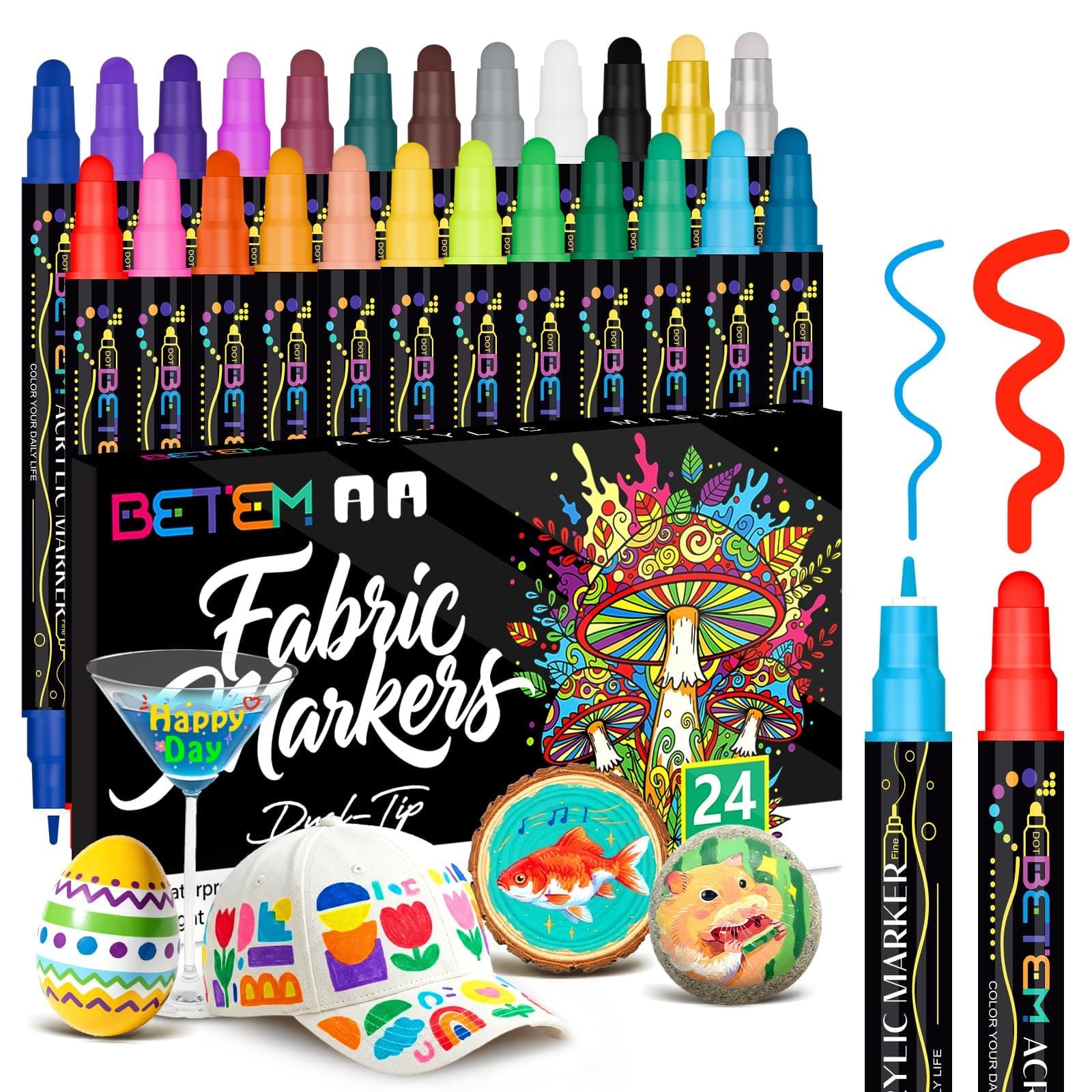 Betem 24 Colors Dual Tip Acrylic Paint Markers | Premium Water-Based Paint Pens for Fabric, Rock, Glass, Canvas - main product image