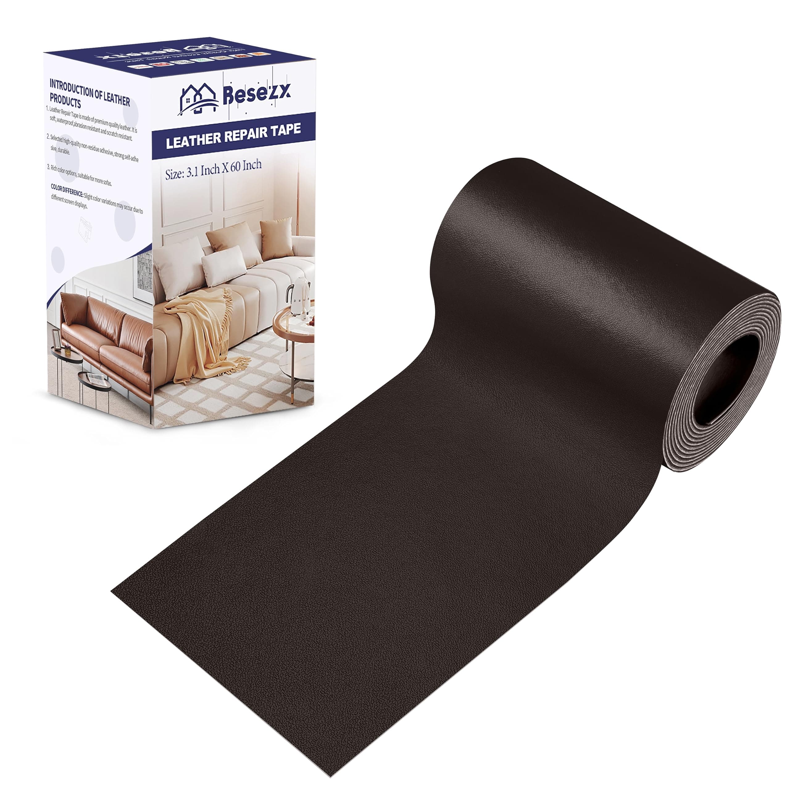 Besezx Leather Repair Patch Tape Kit Dark Brown 90cm x 152cm | Self-Adhesive Furniture & Car Seat Upholstery Fix - main product image