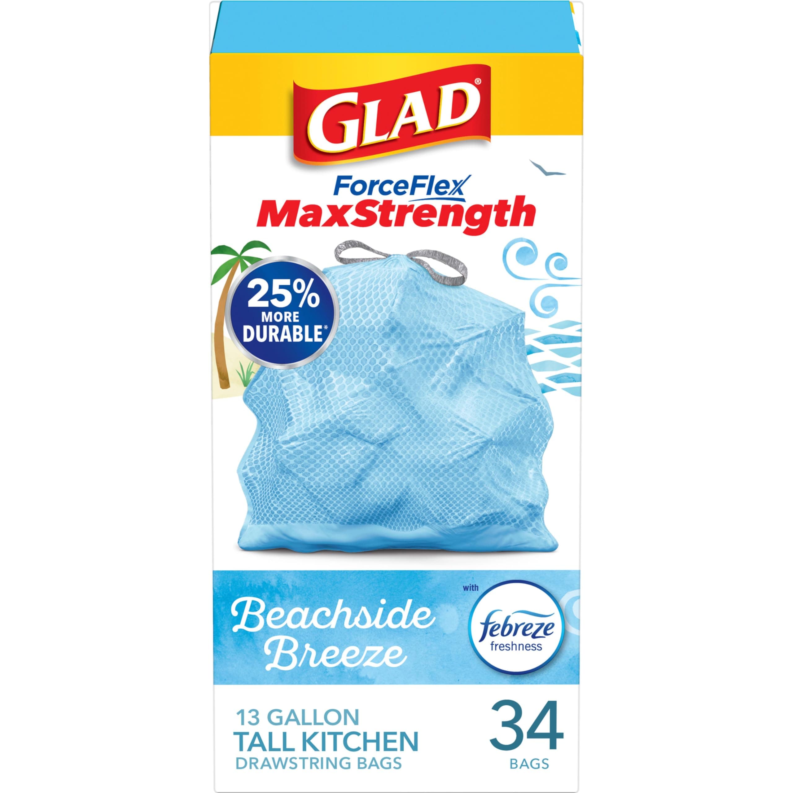 Glad ForceFlex MaxStrength Tall Kitchen Trash Bags 13 Gallon 34 Count | Beachside Breeze Scented, USA Import - main product image