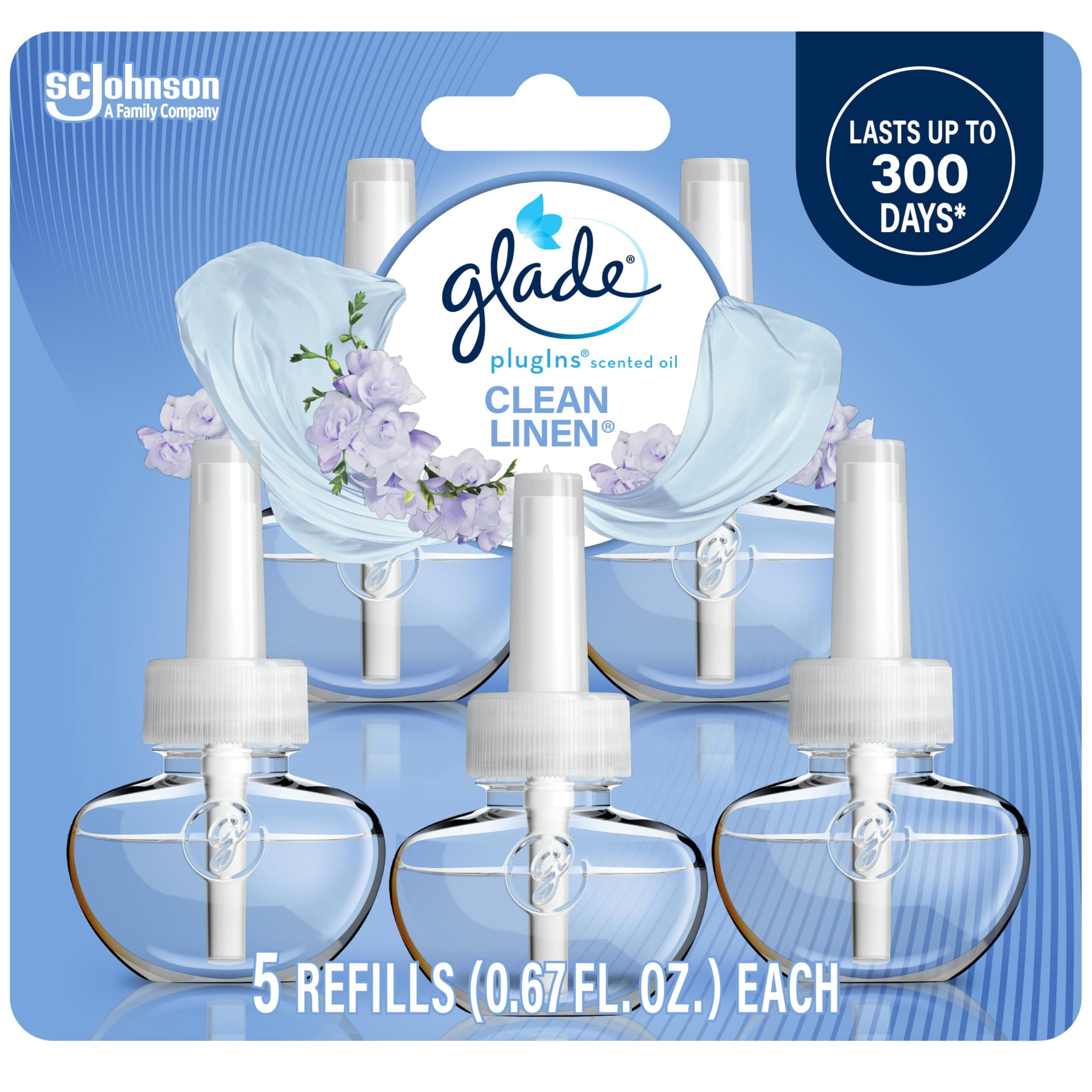 Glade PlugIns Refills Clean Linen Scented Essential Oils for Home & Bathroom, 3.35 Fl Oz (5 Count) - main product image