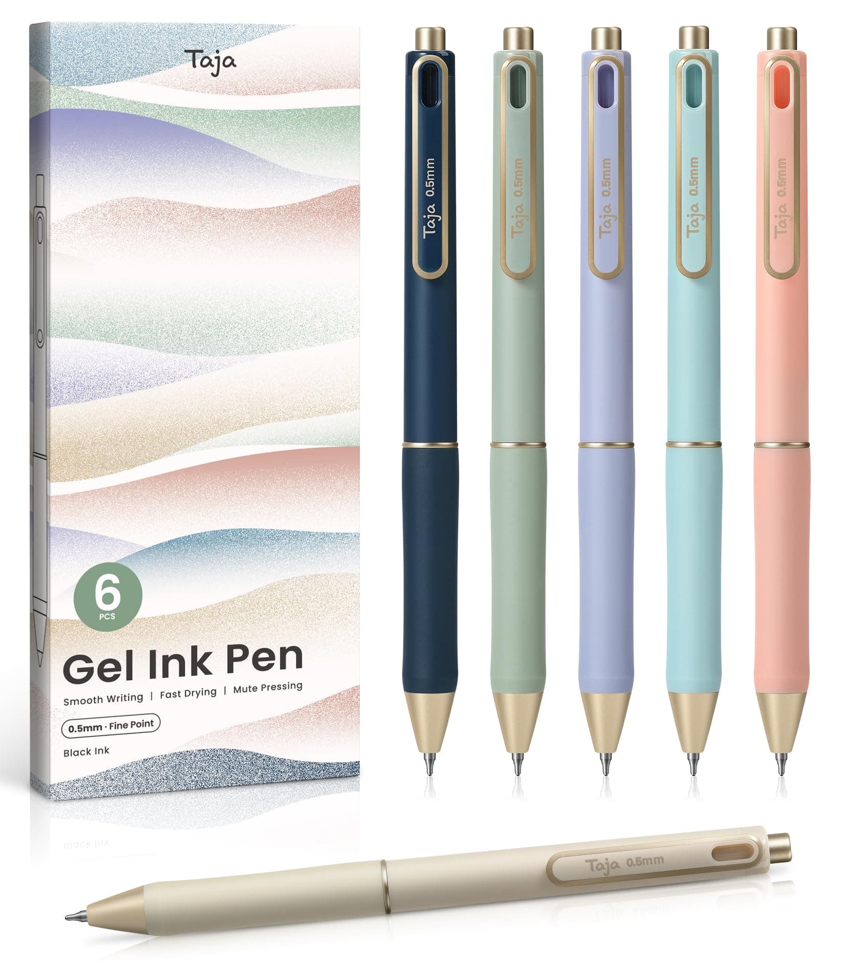 Taja Pastel Gel Pens 6 Pcs 0.5mm Fine Point Black Ink | Smooth Writing & Quick Dry for Journaling - main product image