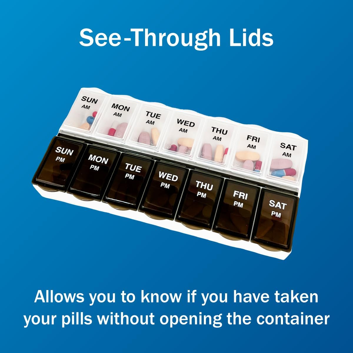 Amazon Basic Care (7-Day) AM/PM Pill Organizer, Vitamin Case, And Medicine Box, Large Compartments, 2 Times a Day, Black and Clear Lids - Image 4