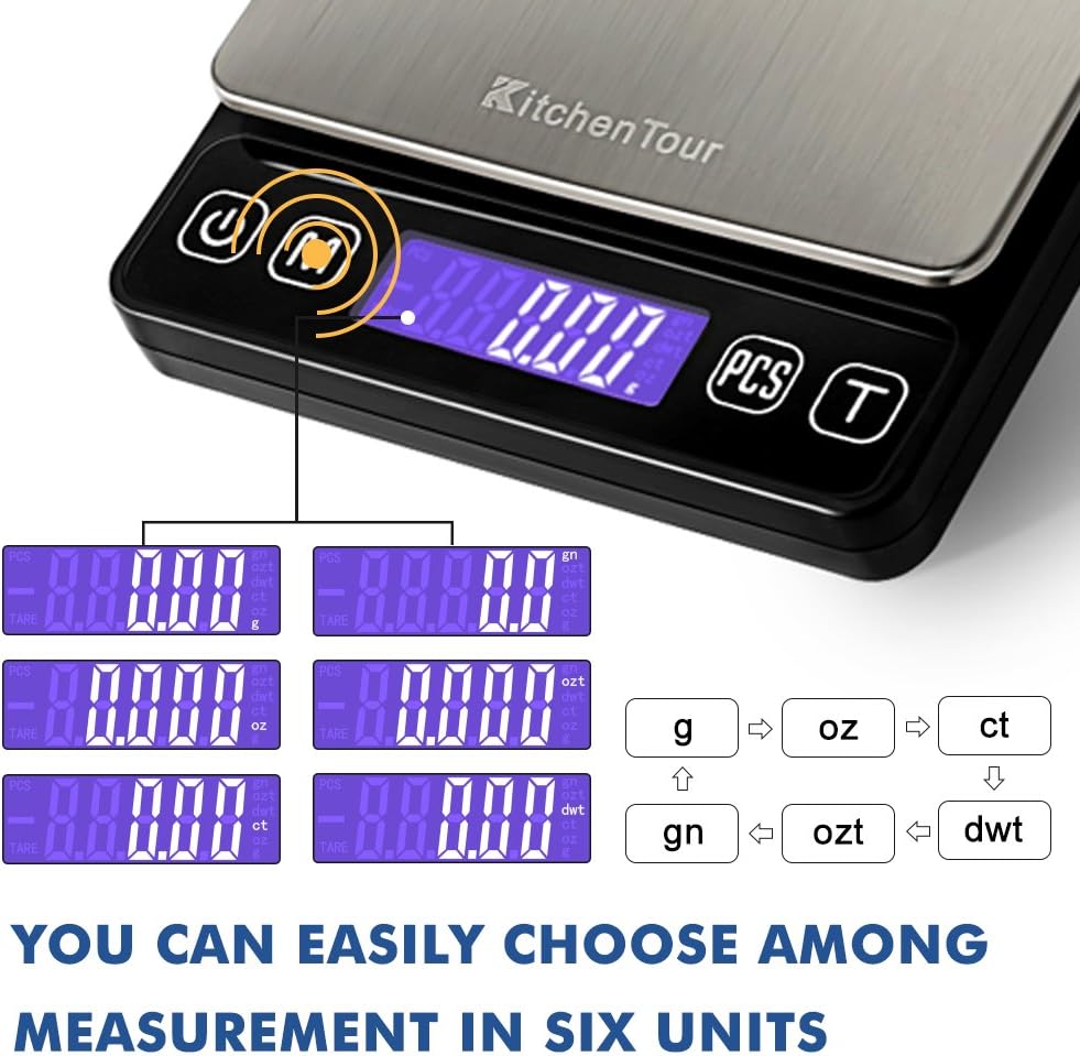 KitchenTour Digital Kitchen Scale - 500g/0.01g High Accuracy Precision Multifunction Food Meat Scale Small Scale Jewelry Lab Carat Powder Scale with Back-Lit LCD Display(Batteries Included) - Image 4
