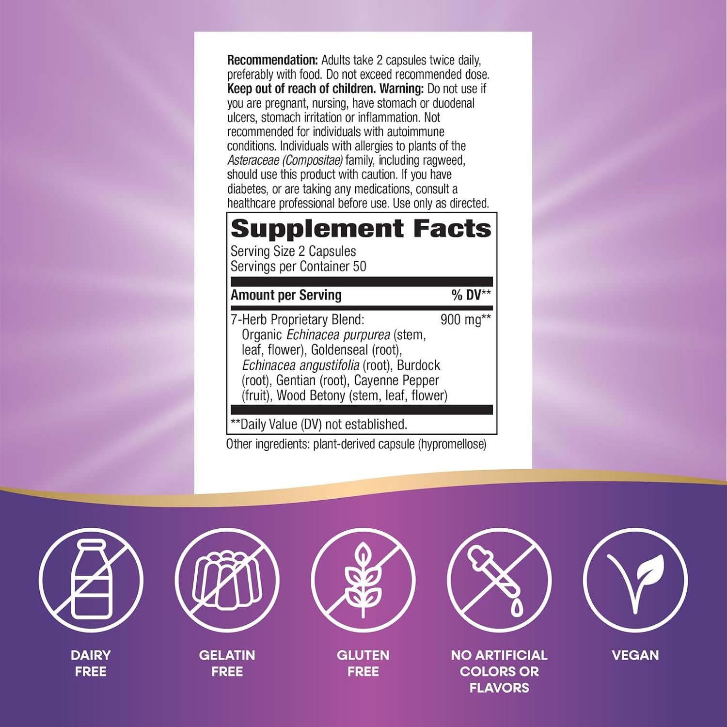 Nature's Way Echinacea Goldenseal, Premium Blend, Supports Immune Health*, 900 mg per 2-Capsule Serving, Non-GMO Project Verified, Vegan, 100 Capsules (Packaging May Vary) - Image 5