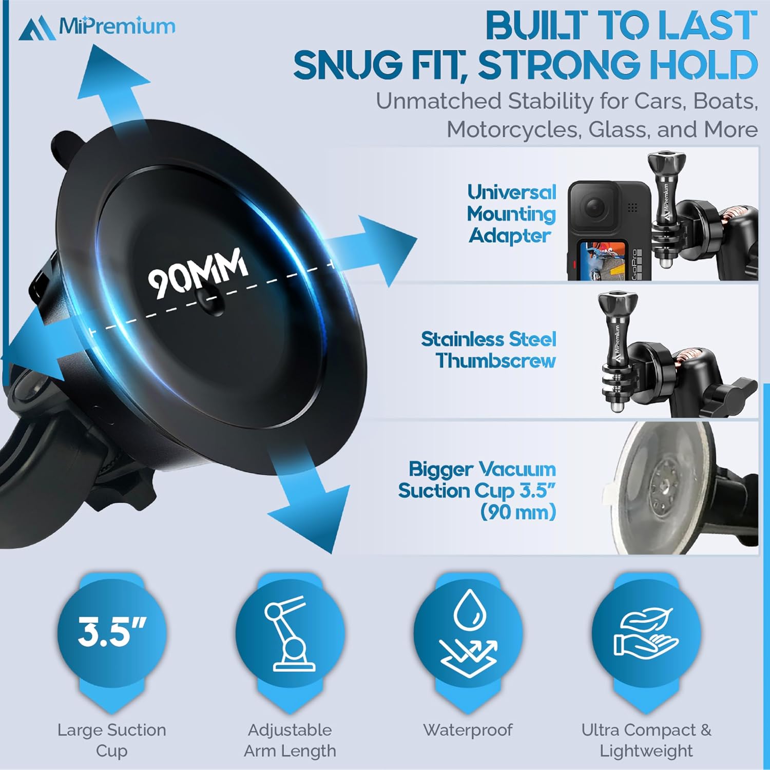 MiPremium Car Suction Cup Mount for GoPro Hero 13 12 11 10 9 8 7 6 5 4 3 3+ 2 Session Black Silver XIAOYI 4K SJCAM Yi Sports Action Camera Dash Cam holder perfect for Boats Vehicle Windshield & Window - Image 5