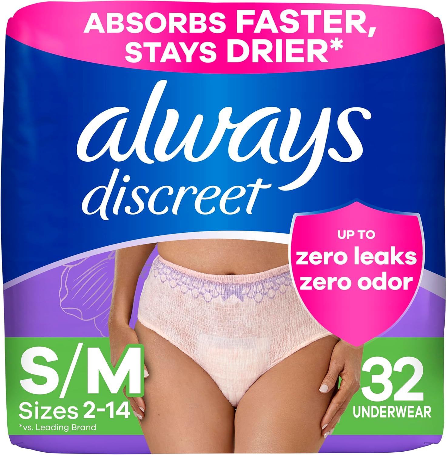 Always Discreet Adult Incontinence Underwear for Women and Postpartum Underwear, Small/Medium, Up to 100% Bladder Leak Protection, 32 Count - Image 1