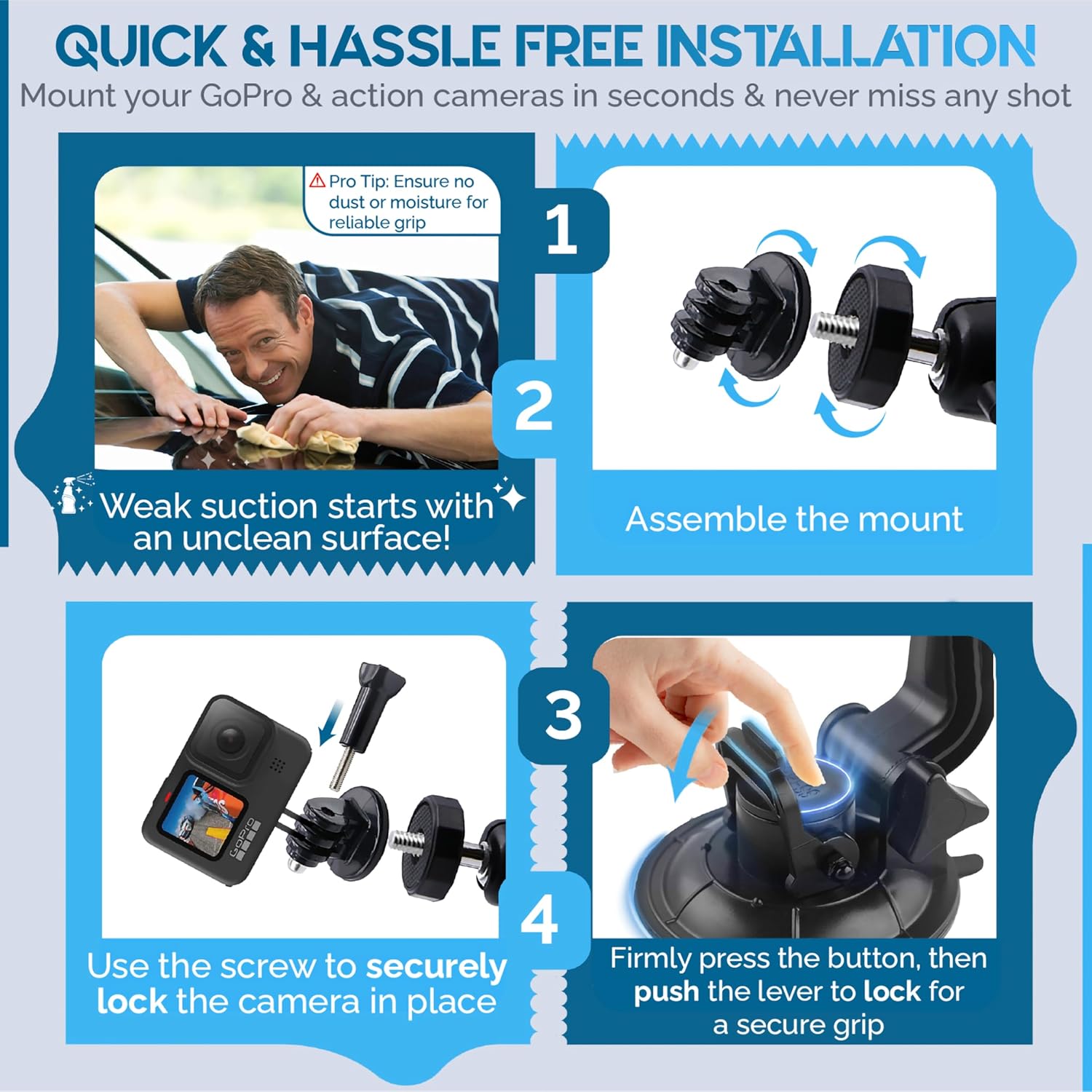 MiPremium Car Suction Cup Mount for GoPro Hero 13 12 11 10 9 8 7 6 5 4 3 3+ 2 Session Black Silver XIAOYI 4K SJCAM Yi Sports Action Camera Dash Cam holder perfect for Boats Vehicle Windshield & Window - Image 6