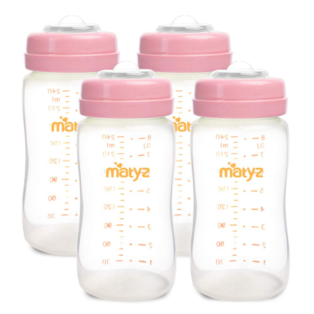 Matyz Breastmilk Storage Bottles 8oz (237ml) - 4 Pack Pink Lids | Pump, Store & Feed in One Bottle