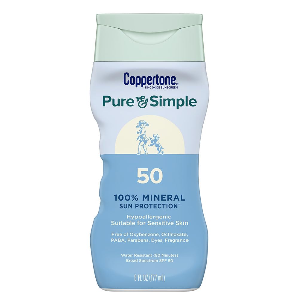 Coppertone Pure and Simple Mineral Sunscreen Lotion SPF 50 177 ml (6 oz) | Hypoallergenic, Fragrance-Free, Zinc Oxide