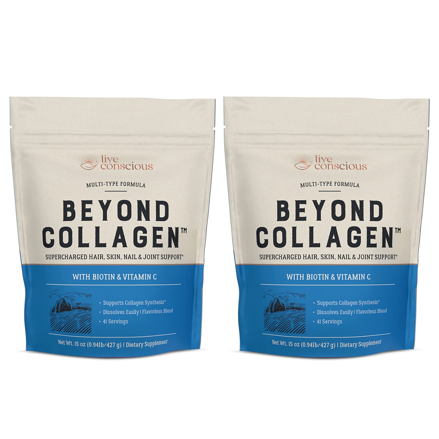 Live Conscious Beyond Collagen Multi Collagen Powder 2-Pack | 5 Types for Skin & Joints with Biotin