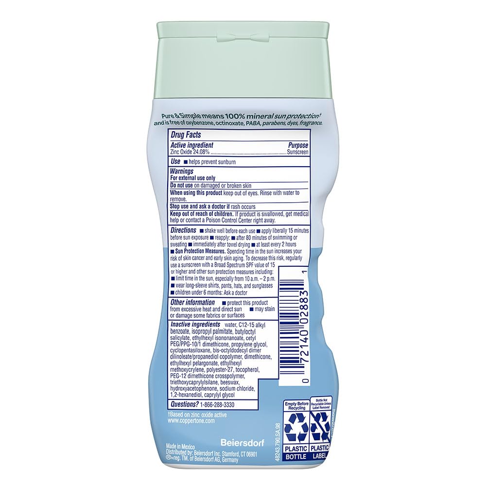Coppertone Pure and Simple Mineral Sunscreen Lotion SPF 50 177 ml (6 oz) | Hypoallergenic, Fragrance-Free, Zinc Oxide - Image 8