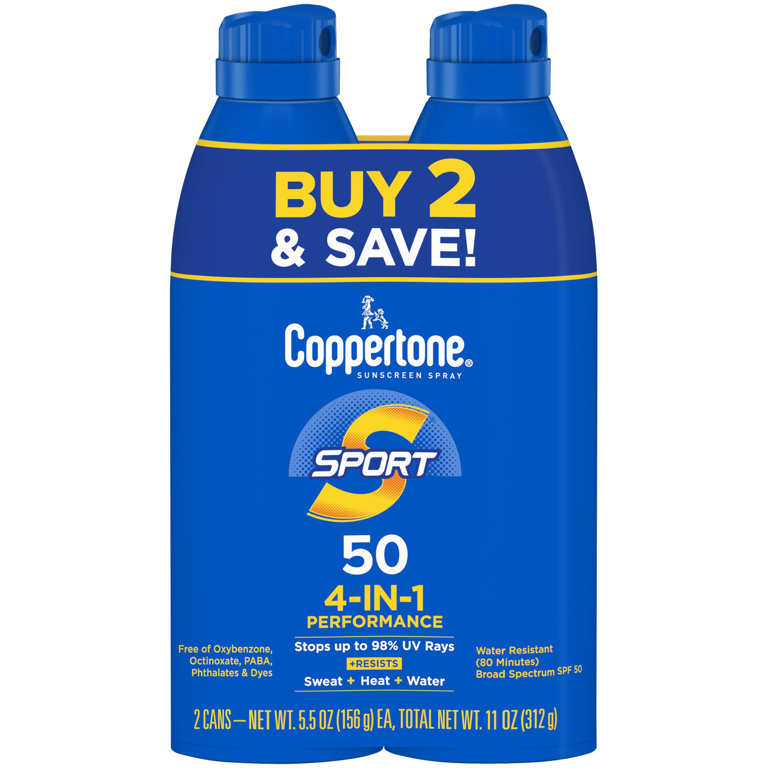 Coppertone Sport Sunscreen Spray SPF 50 165 ml (5.5 oz) 2-Pack | High-Performance Sunscreen Spray for Active Use, Water Resistant
